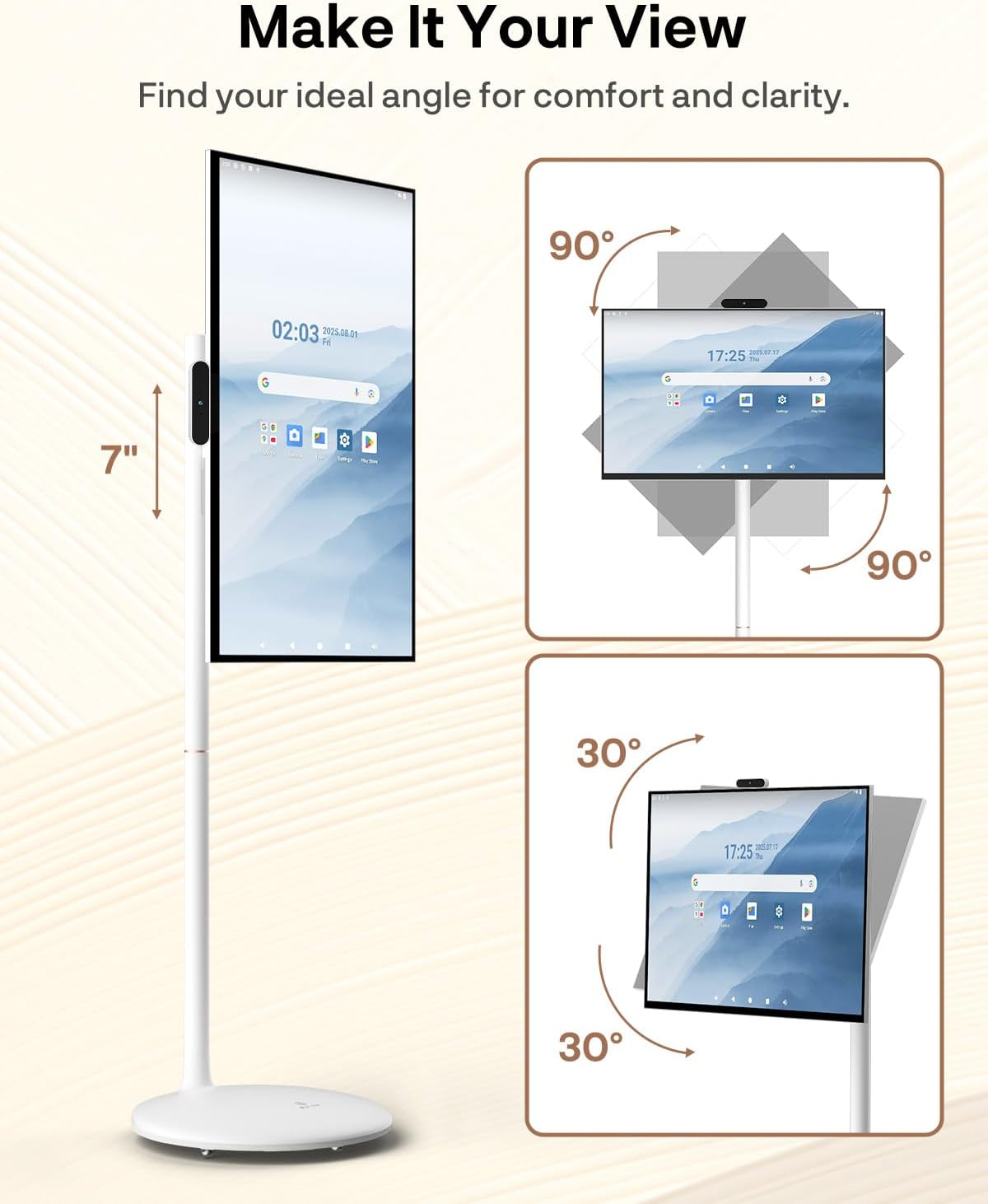 Ein weißer Bodenständer hält einen großen vertikalen Bildschirm mit Tablet-Oberfläche.