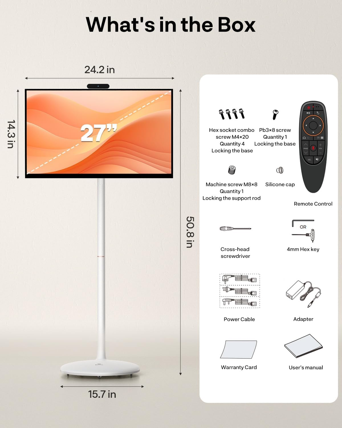 Verpackungsinhalt: 27-Zoll-Monitor, Fernbedienung, Schrauben, Kabel, Werkzeuge, Handbücher.