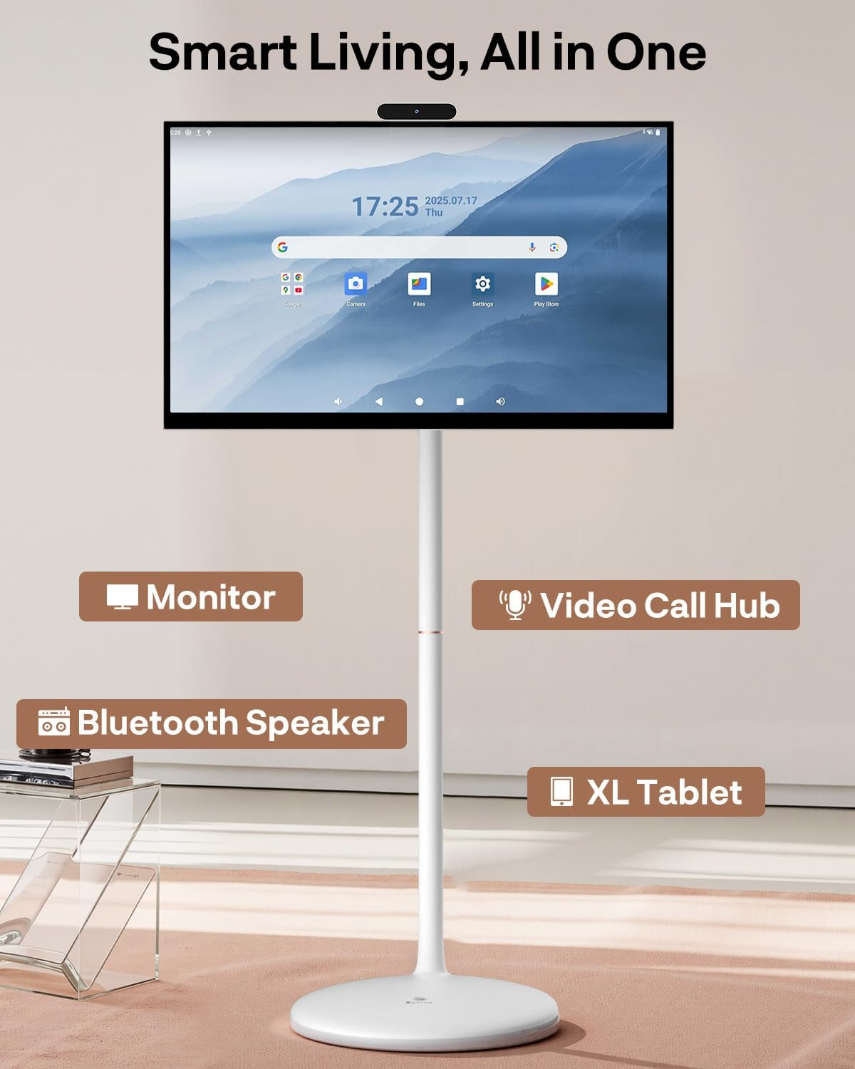 Ein großer Bildschirm mit einem modernen Ständer, der als Monitor, Videokonferenzsystem und Tablet dient.