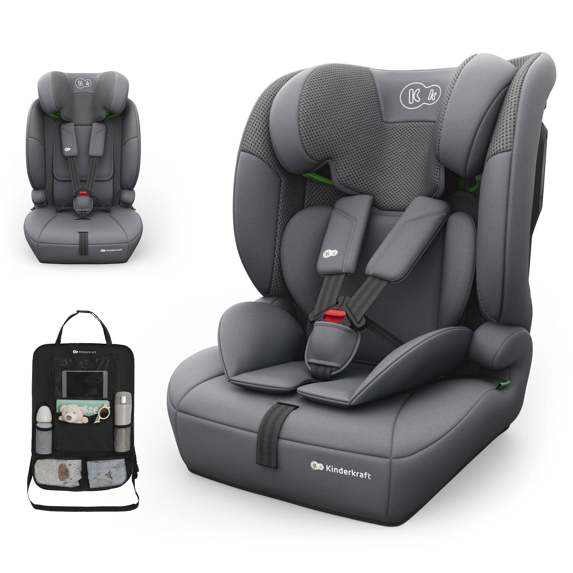 Grauer Kindersitz mit Gurten und Kopfstütze, daneben eine schwarze Tasche.