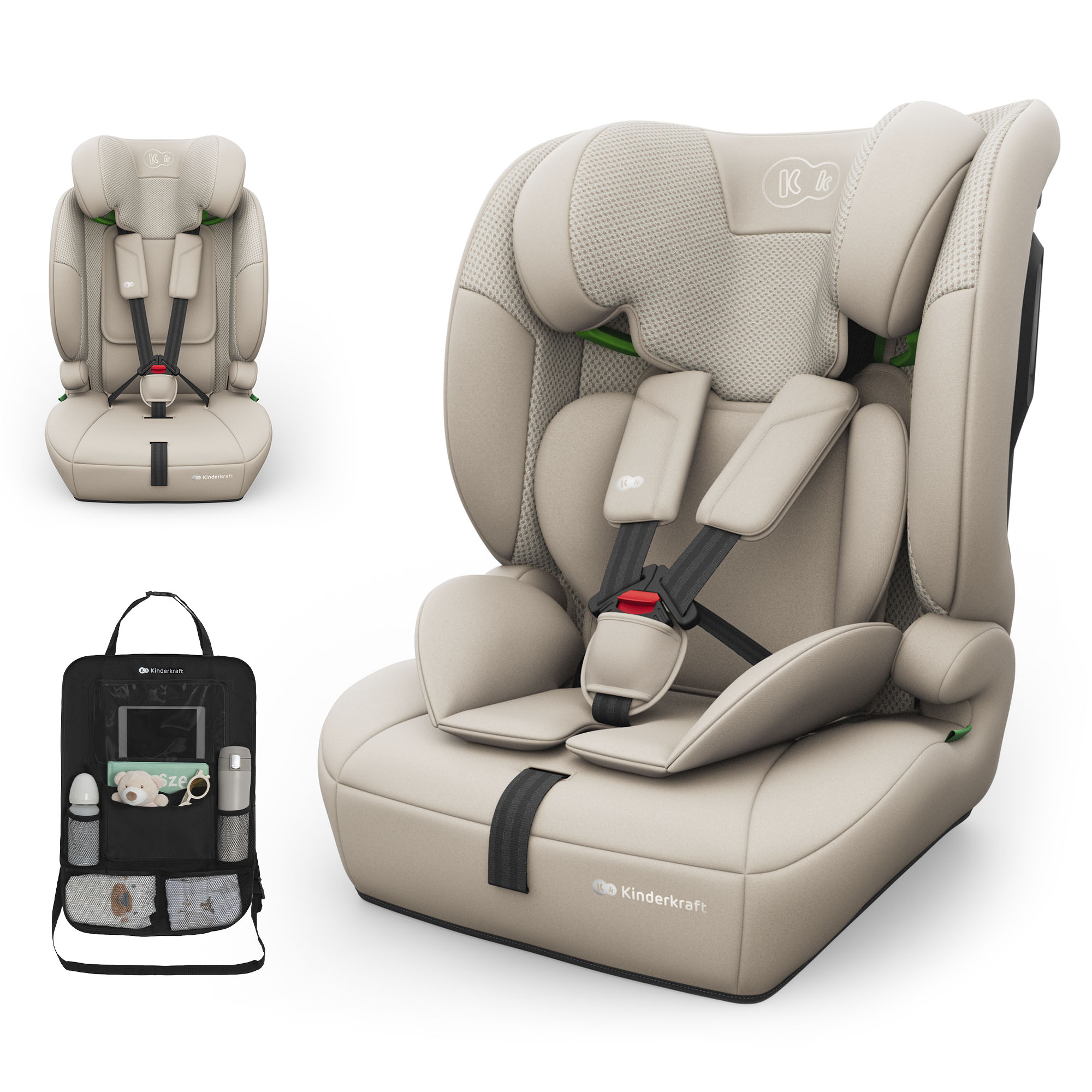 Beiger Kindersitz mit 5-Punkt-Gurt und integriertem Organizer.