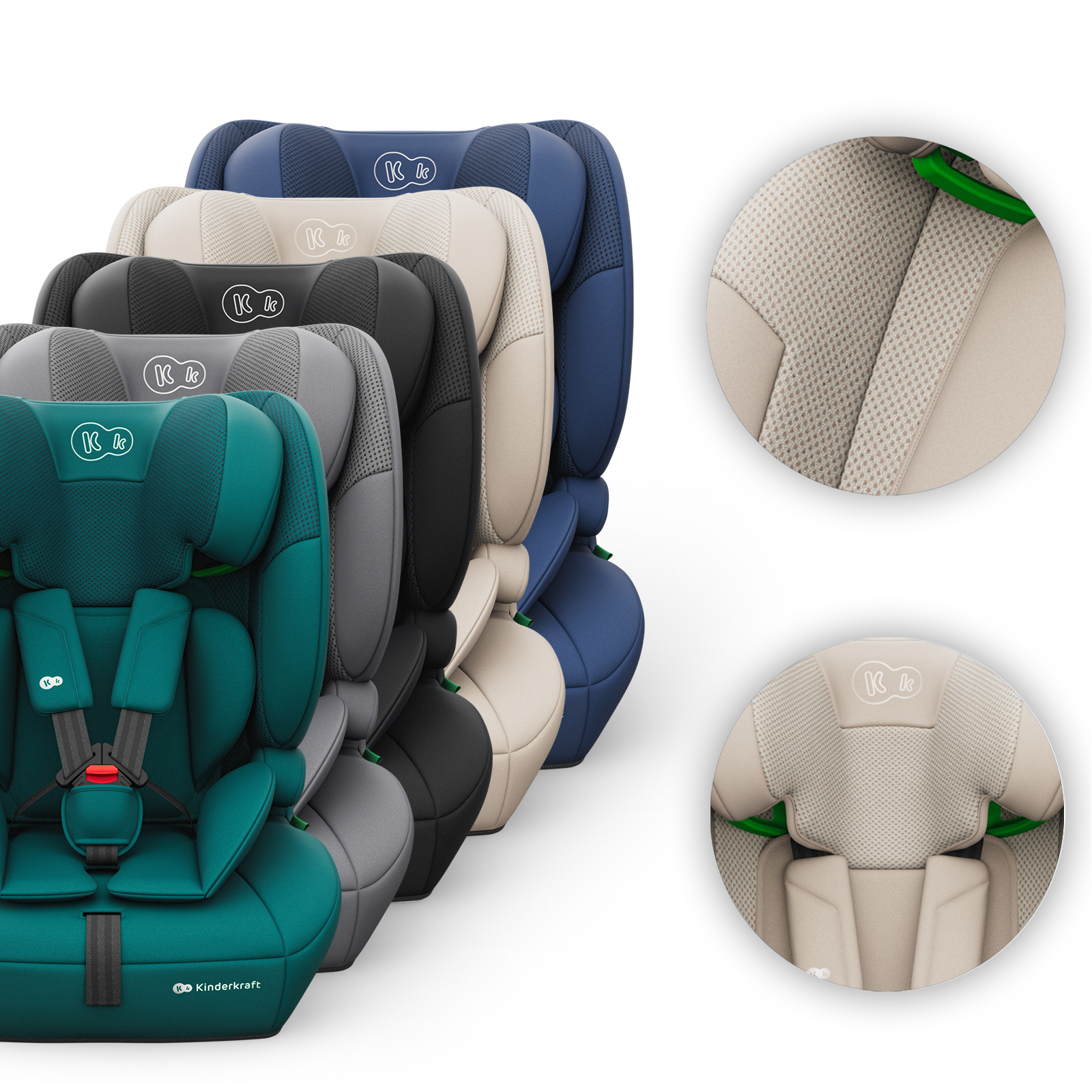 Mehrere Kindersitze in verschiedenen Farben, von vorne nach hinten: Petrol, Grau, Schwarz, Beige, Dunkelblau.