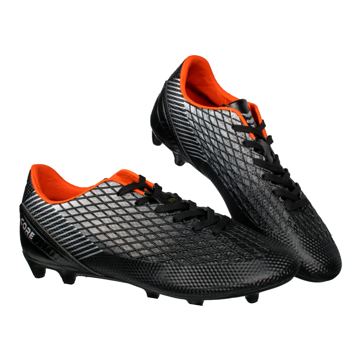 Schwarze Fußballschuhe mit orangefarbenem Innenfutter und Muster.