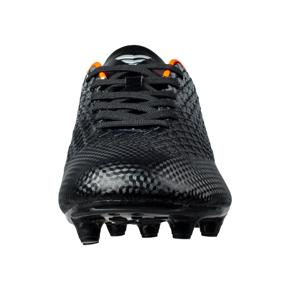 Schwarzer Fußballschuh mit Schnürsenkeln und orangefarbenen Akzenten. Er hat Stollen.
