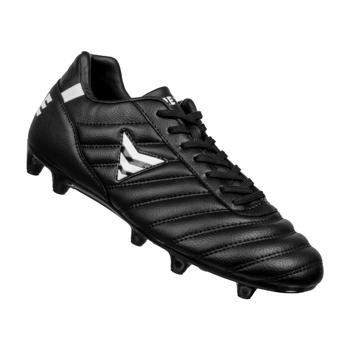 Ein schwarzer Fußballschuh mit Schnürsenkeln und einer weißen Marke.