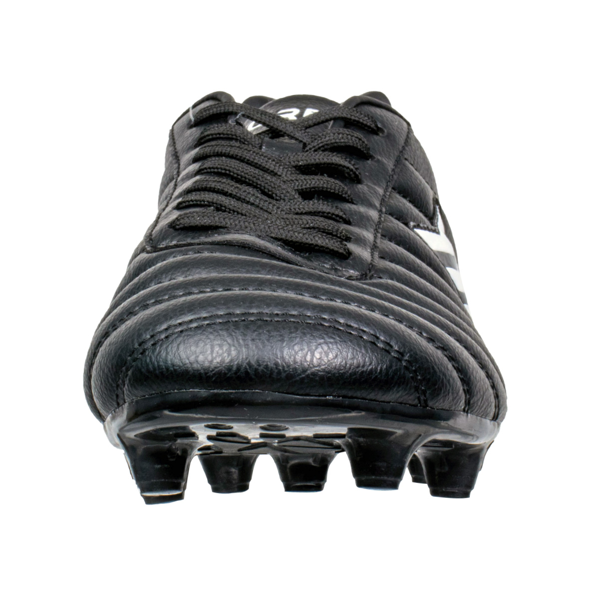 Schwarzer Fußballschuh mit Schnürsenkeln und Stollen. Weiße Akzente an der Seite.