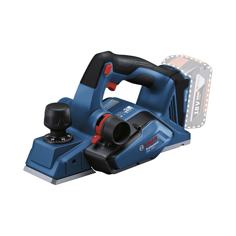 Ein blauer Bosch-Hobel mit schwarzem Griff und einer 18V-Batterie im Hintergrund.