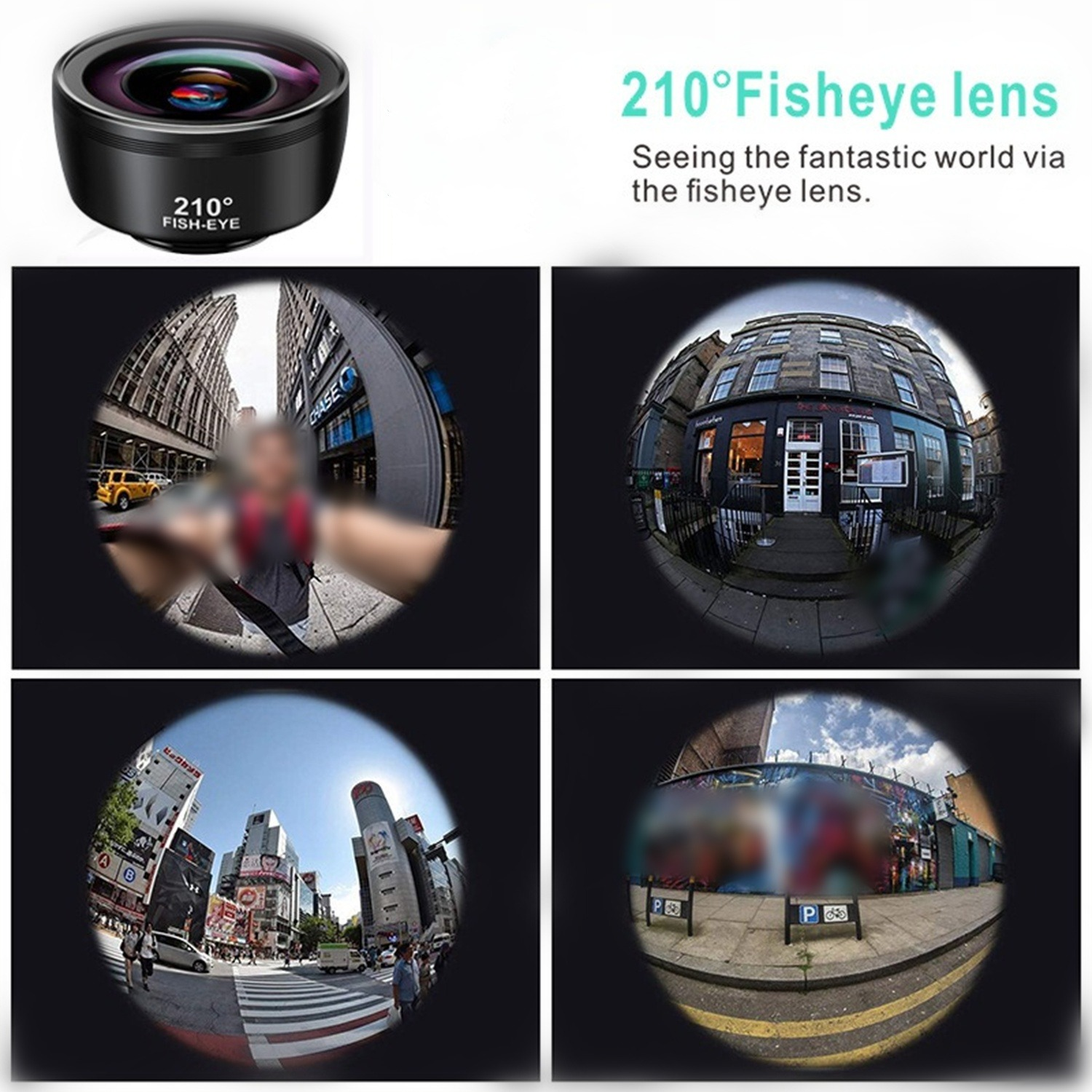 Ein 210°-Fisheye-Objektiv mit vier Beispielbildern von Stadtansichten.