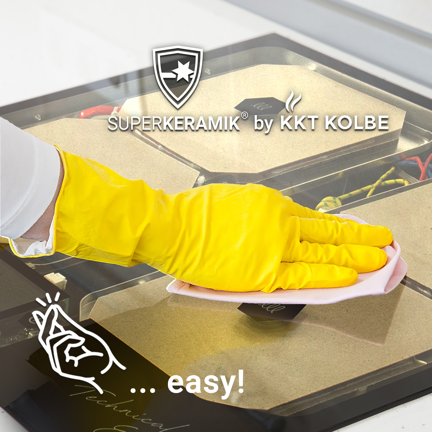Eine gelbe behandschuhte Hand wischt mit einem rosa Tuch über eine Glasoberfläche. Text: 'easy!'