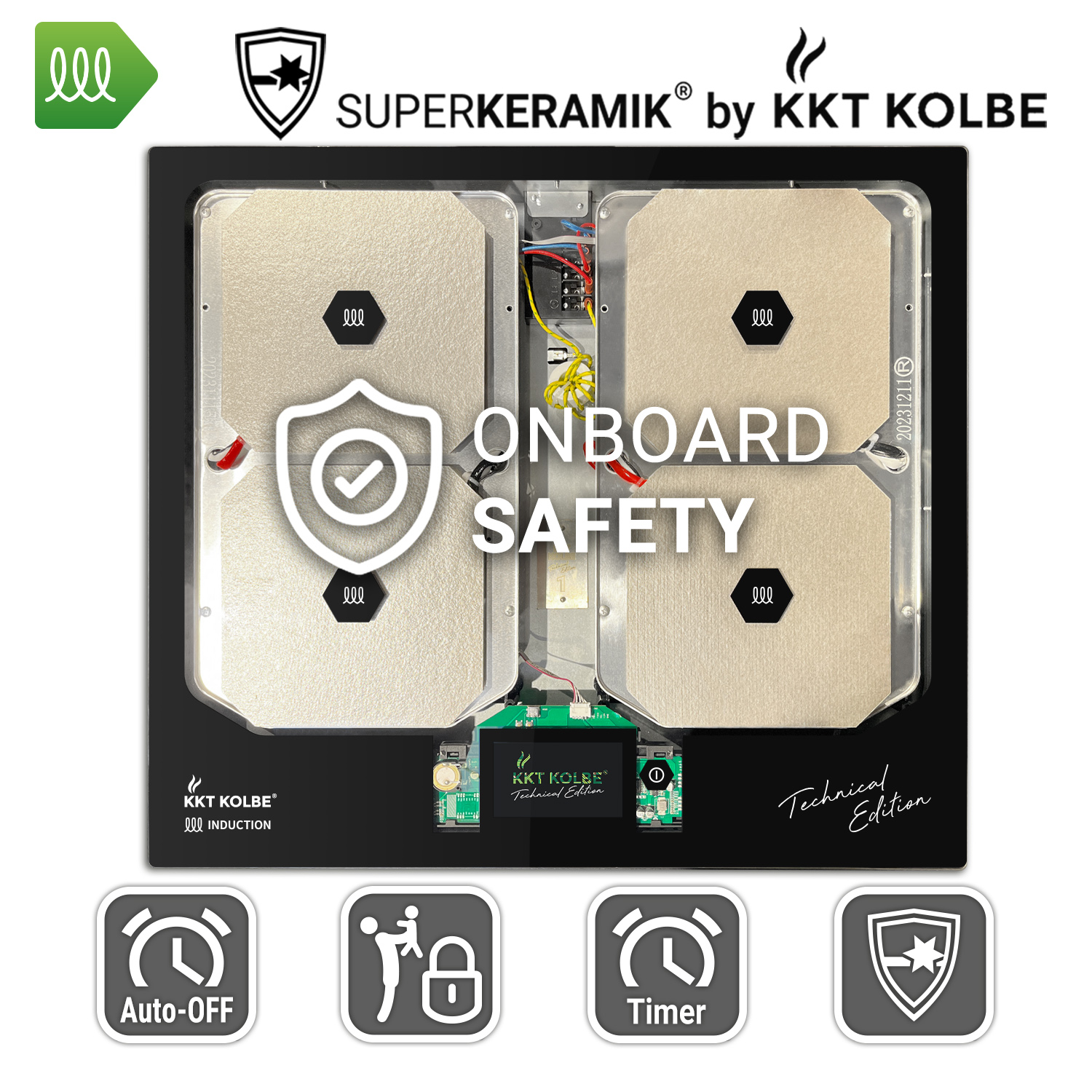 Kochfeldoberseite mit Induktionsspulen, Schutzschild und Text 'ONBOARD SAFETY'.