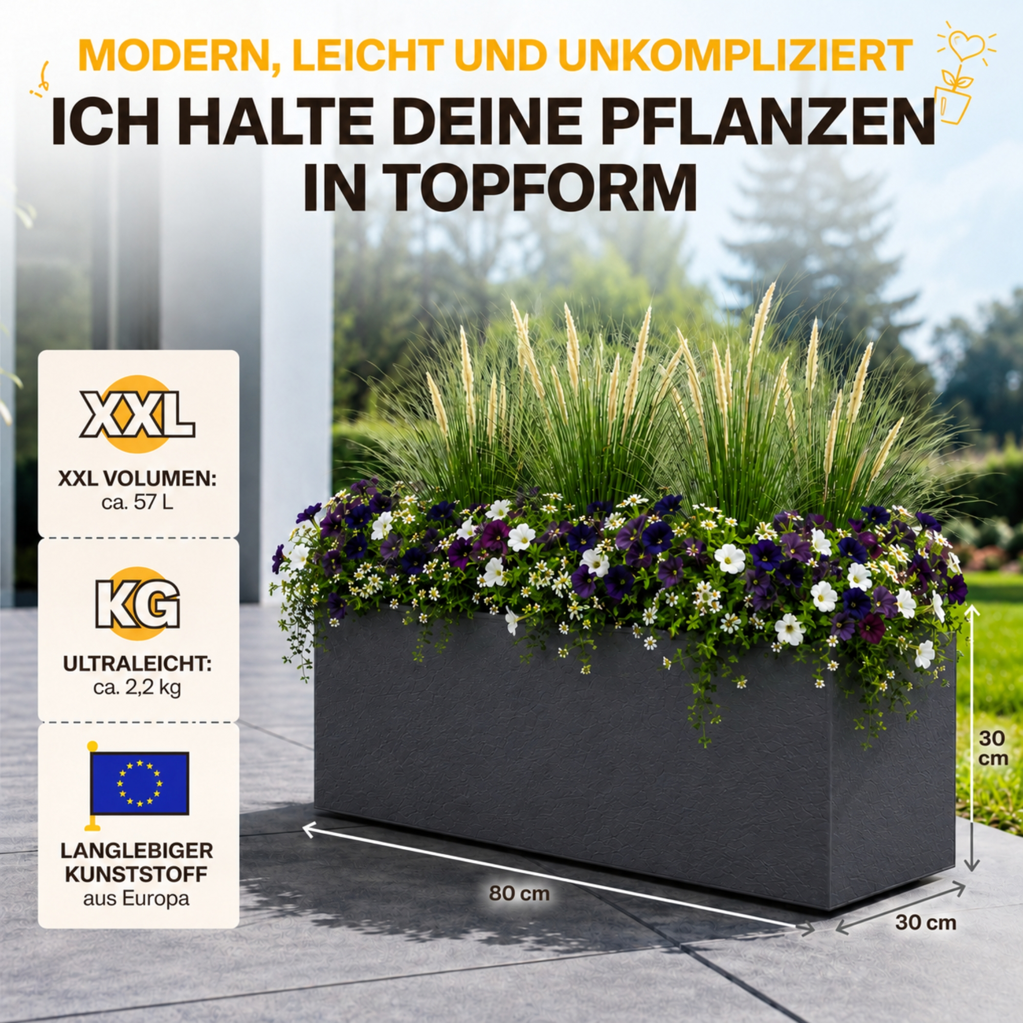Ein rechteckiger, dunkler Pflanzkasten mit bunten Blumen und Gräsern.