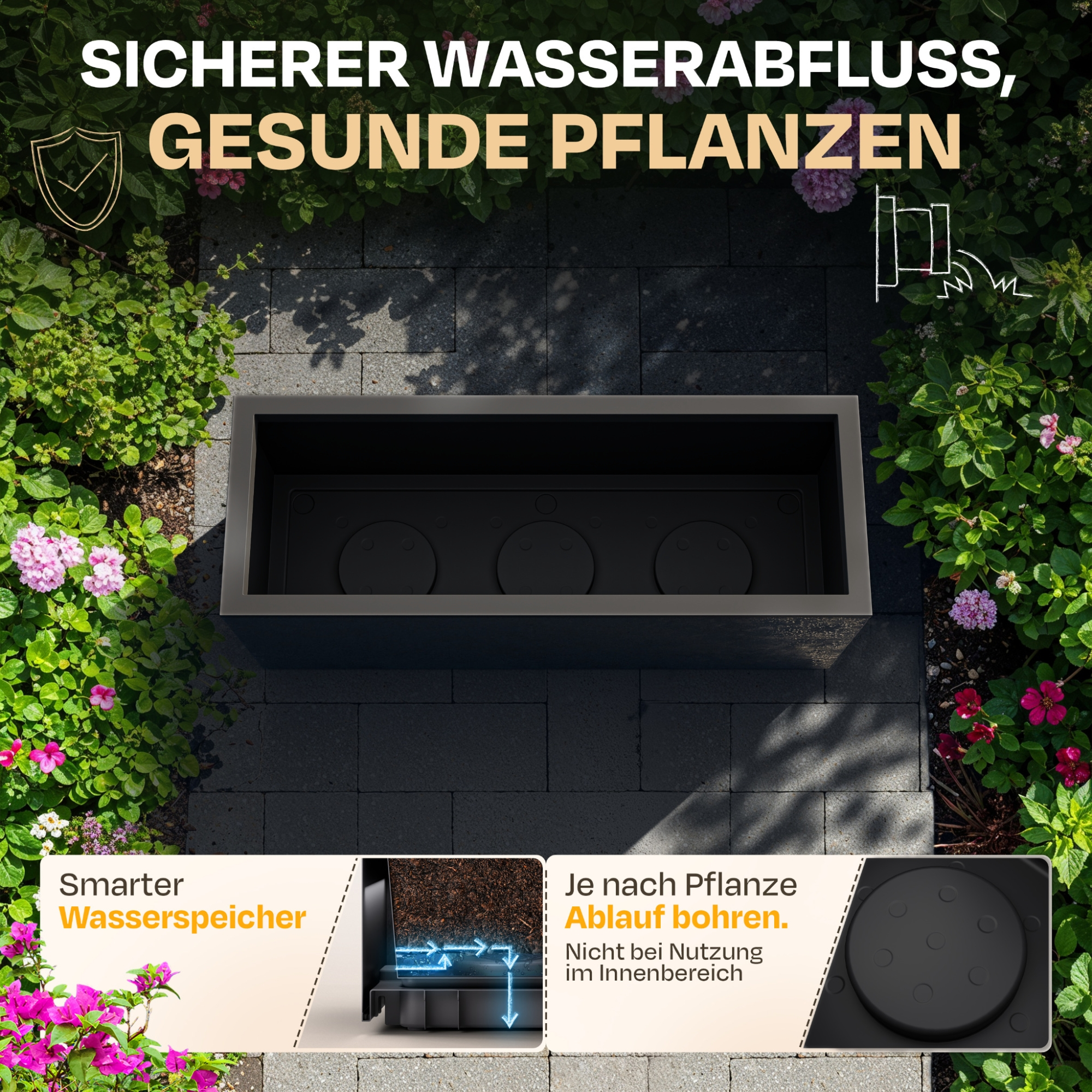 Ein rechteckiger Pflanzkasten auf gepflastertem Untergrund mit umliegenden Pflanzen.