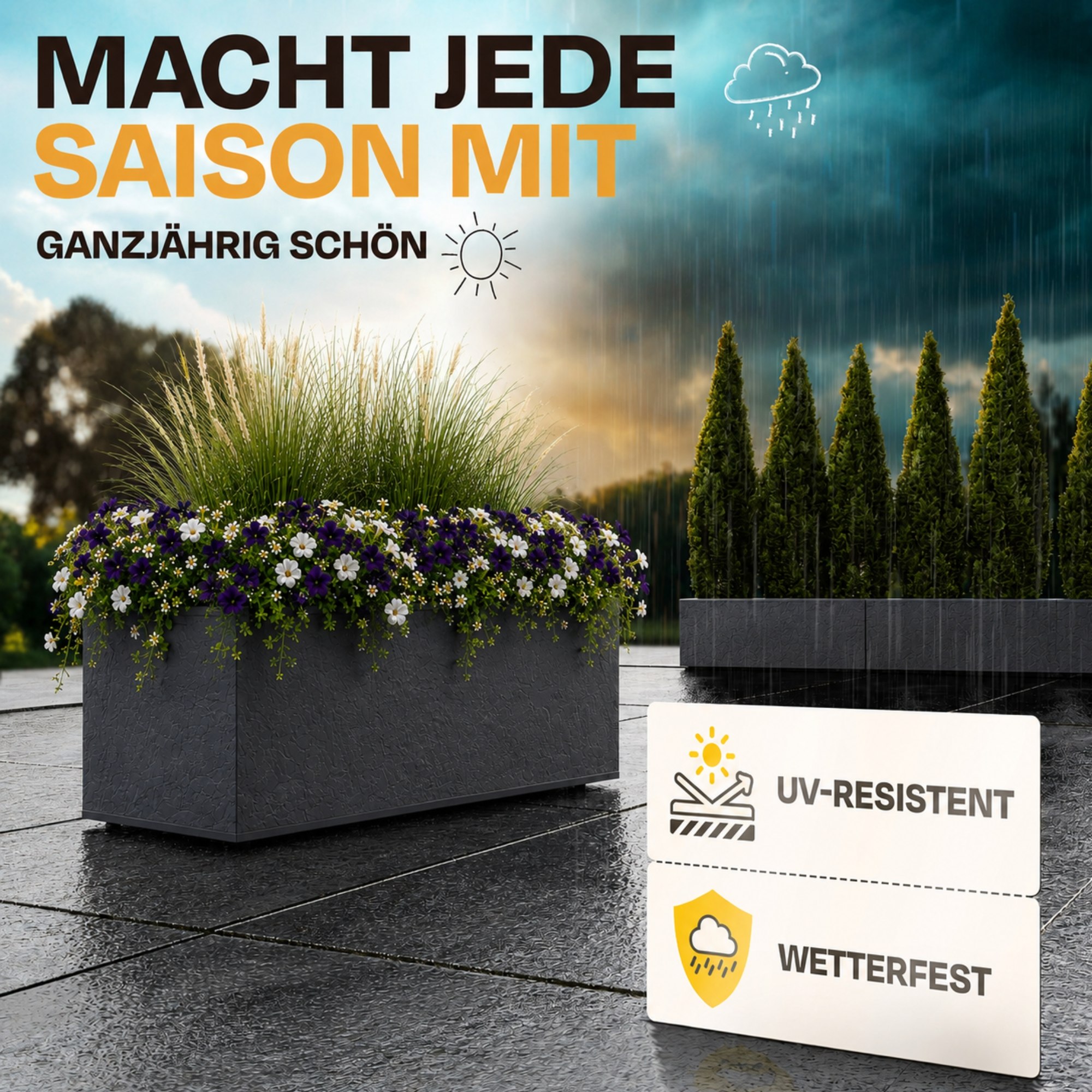 Pflanzgefäß mit Blumen, Sonnenschein und Regen, UV-resistent, wetterfest.