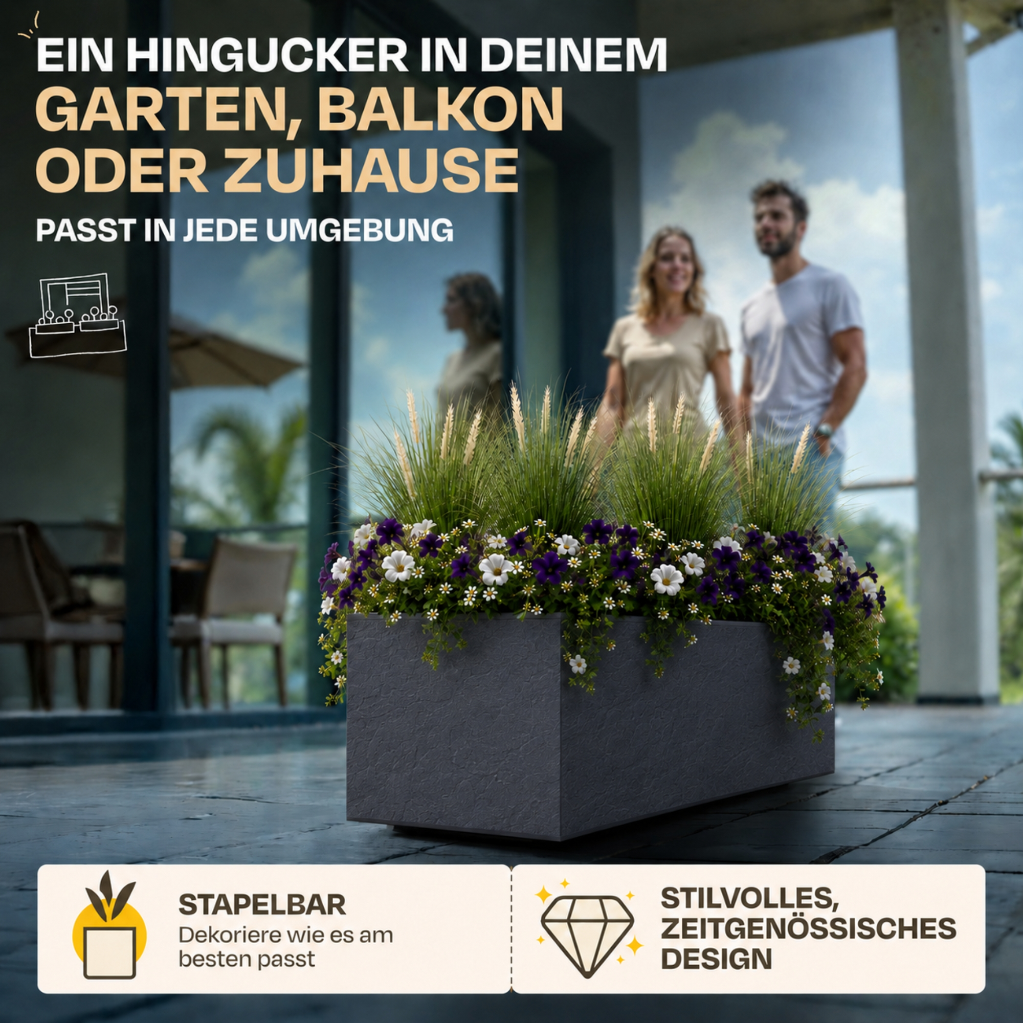 Ein moderner Pflanzkasten mit Blumen und Gras, daneben ein Paar. Ideal für Garten.