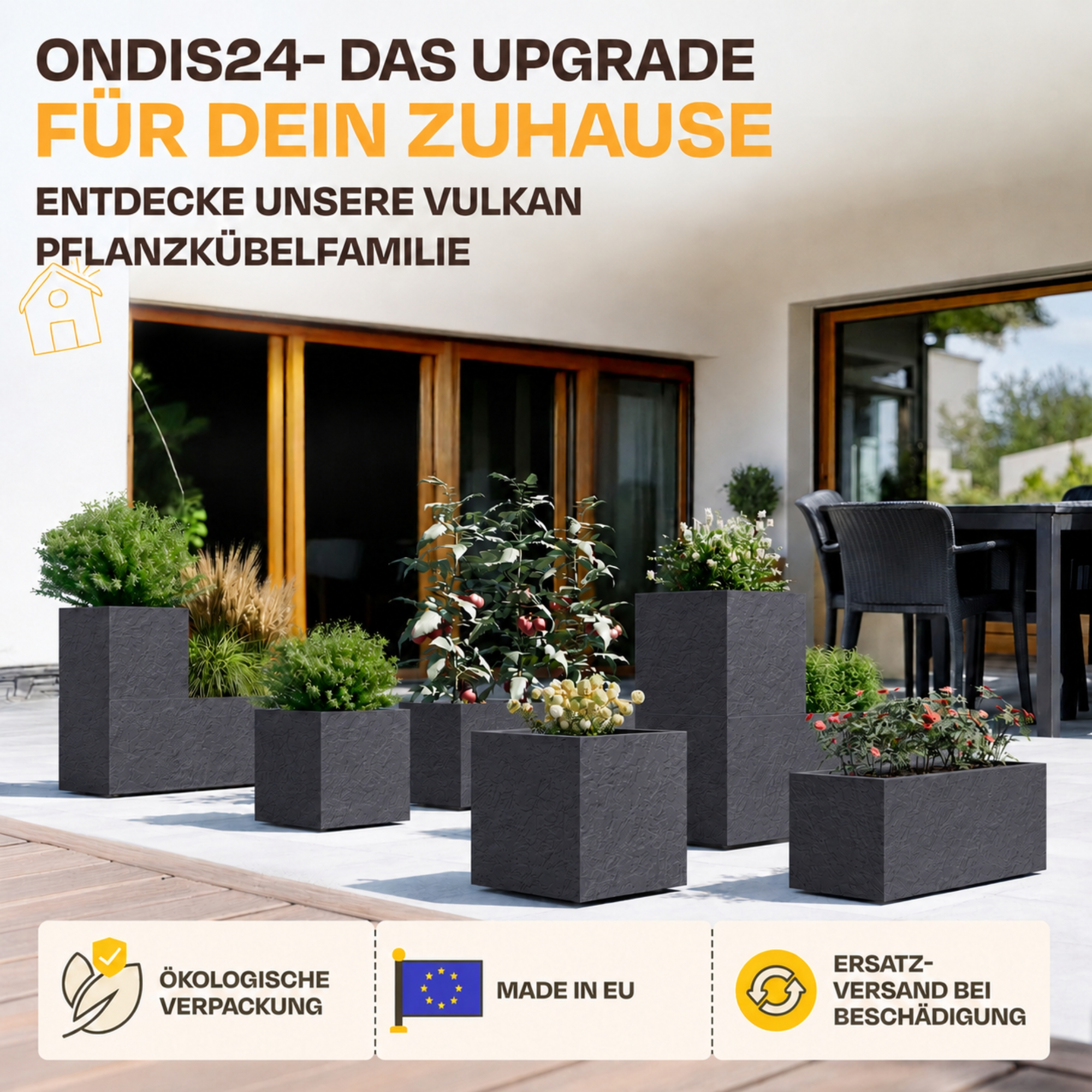 Mehrere dunkle Pflanzkübel mit Pflanzen auf einer Terrasse, mit Text.