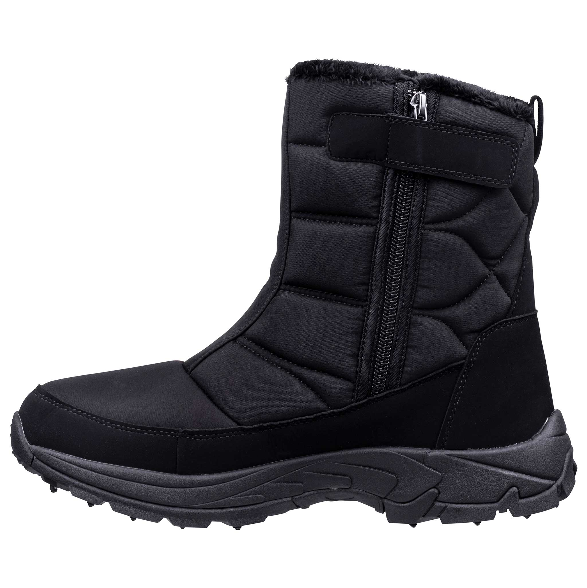 Ein schwarzer Winterstiefel mit Reißverschluss und Fellbesatz.