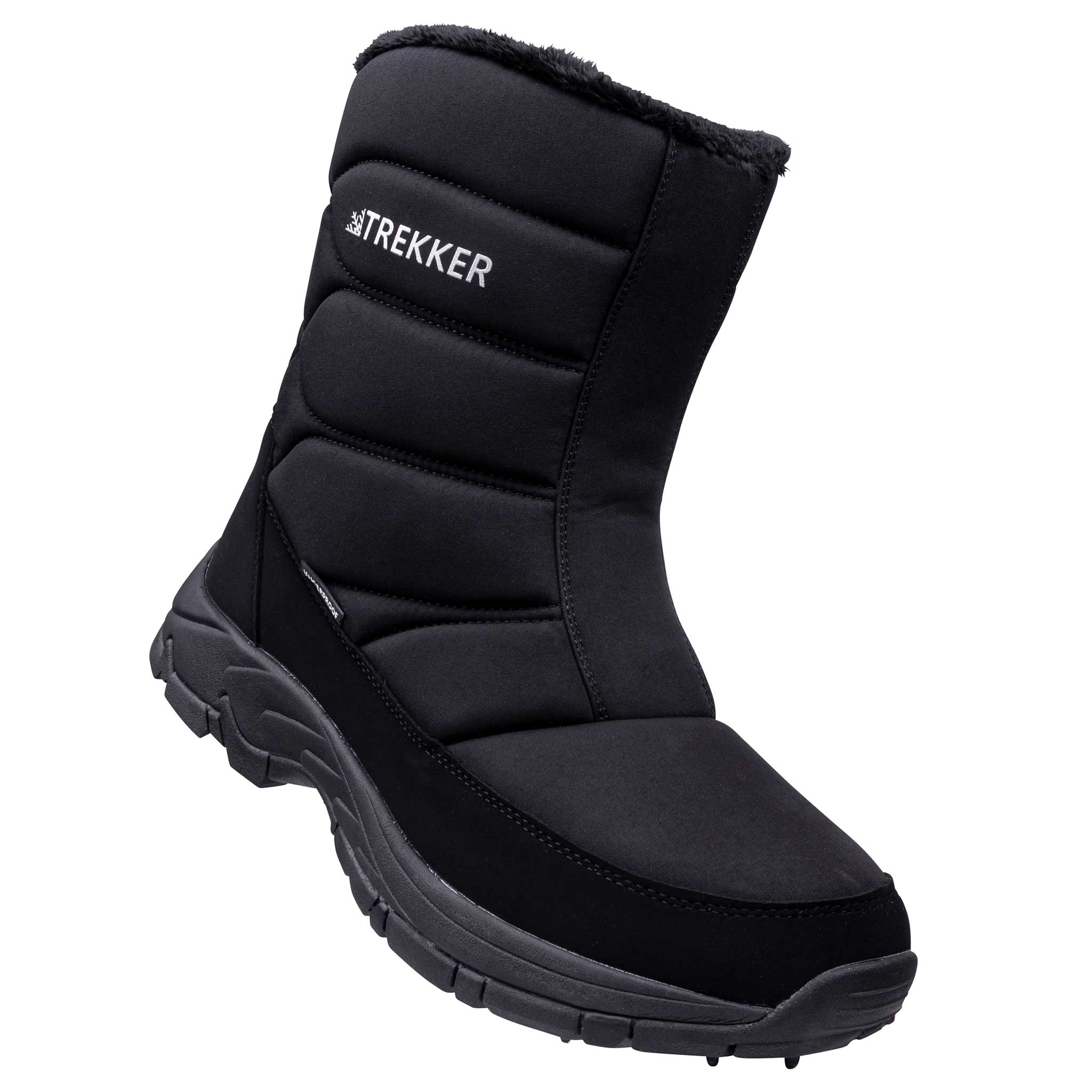 Schwarzer Winterstiefel mit gestepptem Obermaterial und Fleecefutter.
