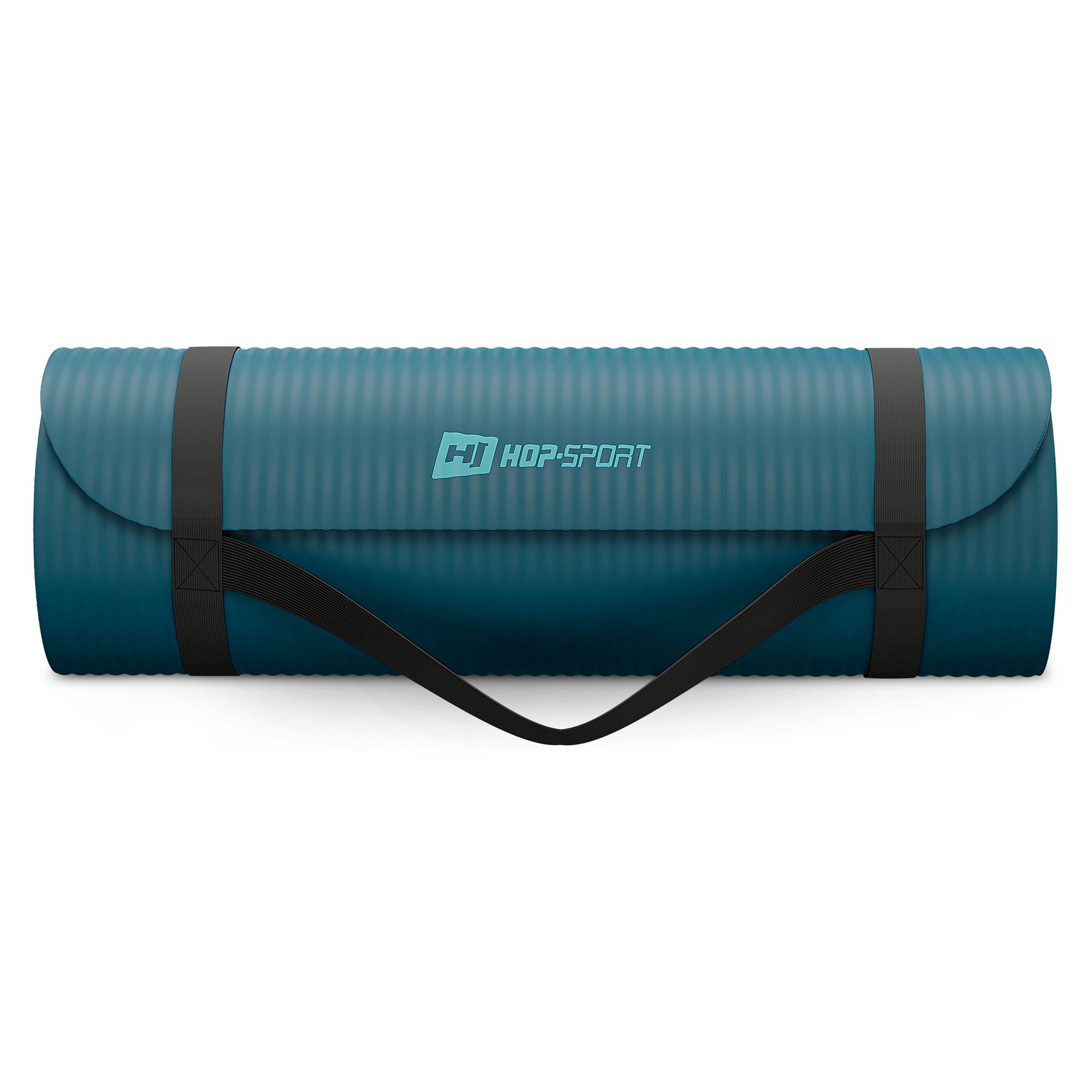 Ein gerolltes, blaugrünes Yogamatte mit gerippter Textur und schwarzen Riemen.