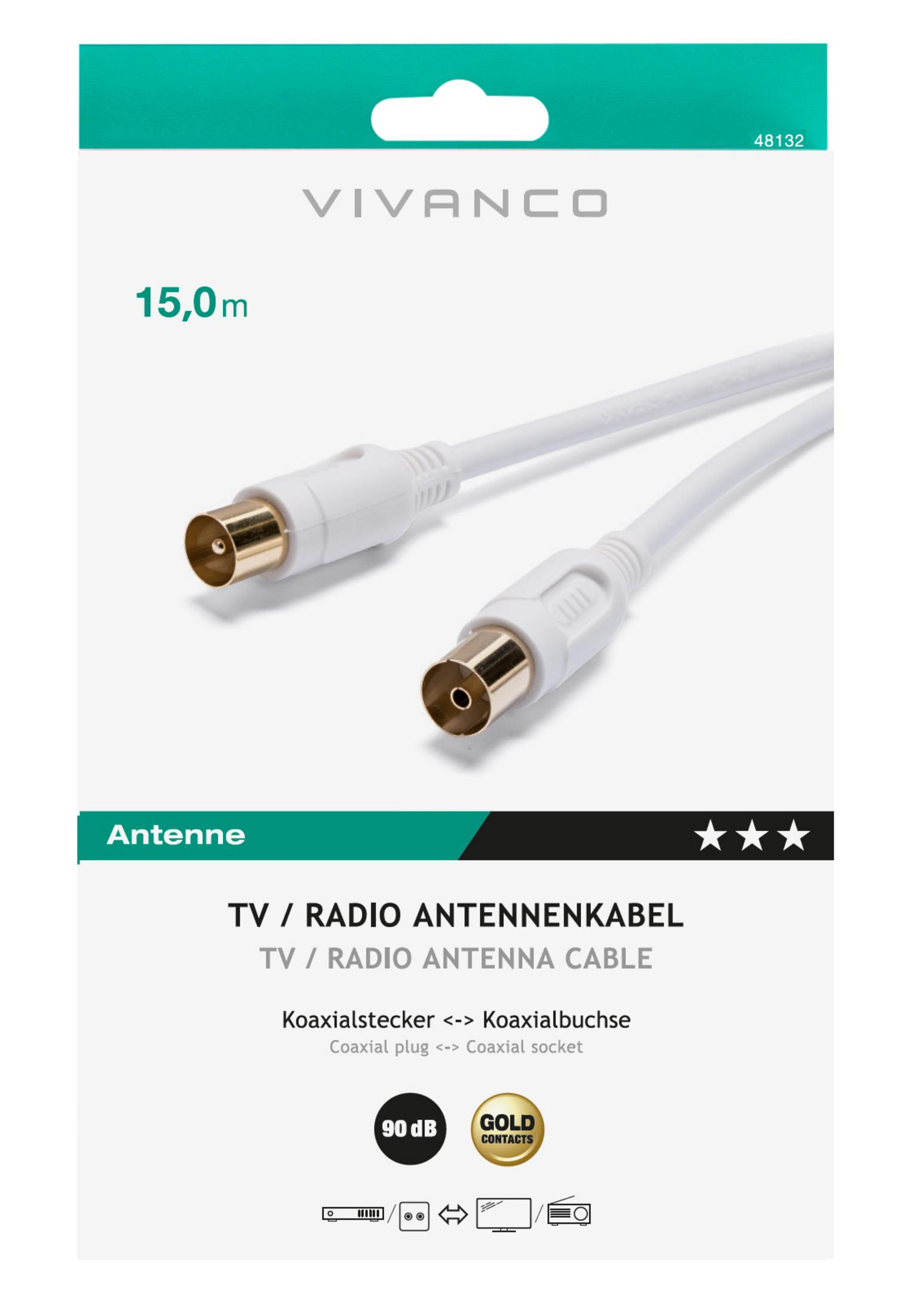 Cavo coassiale bianco da 15 m con connettori dorati per TV/Radio.