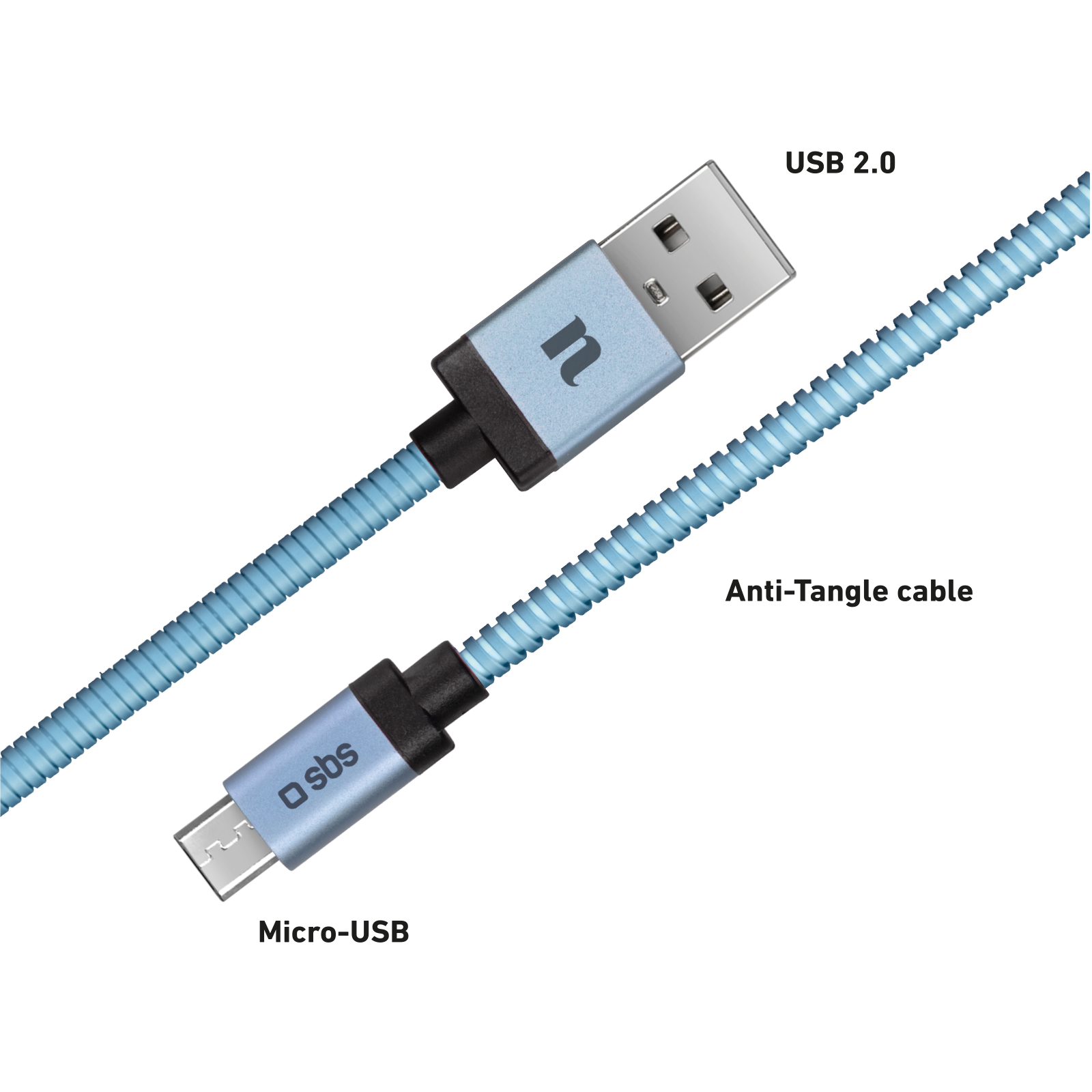 Un cable azul anti-enredos de USB a Micro-USB con dos conectores.