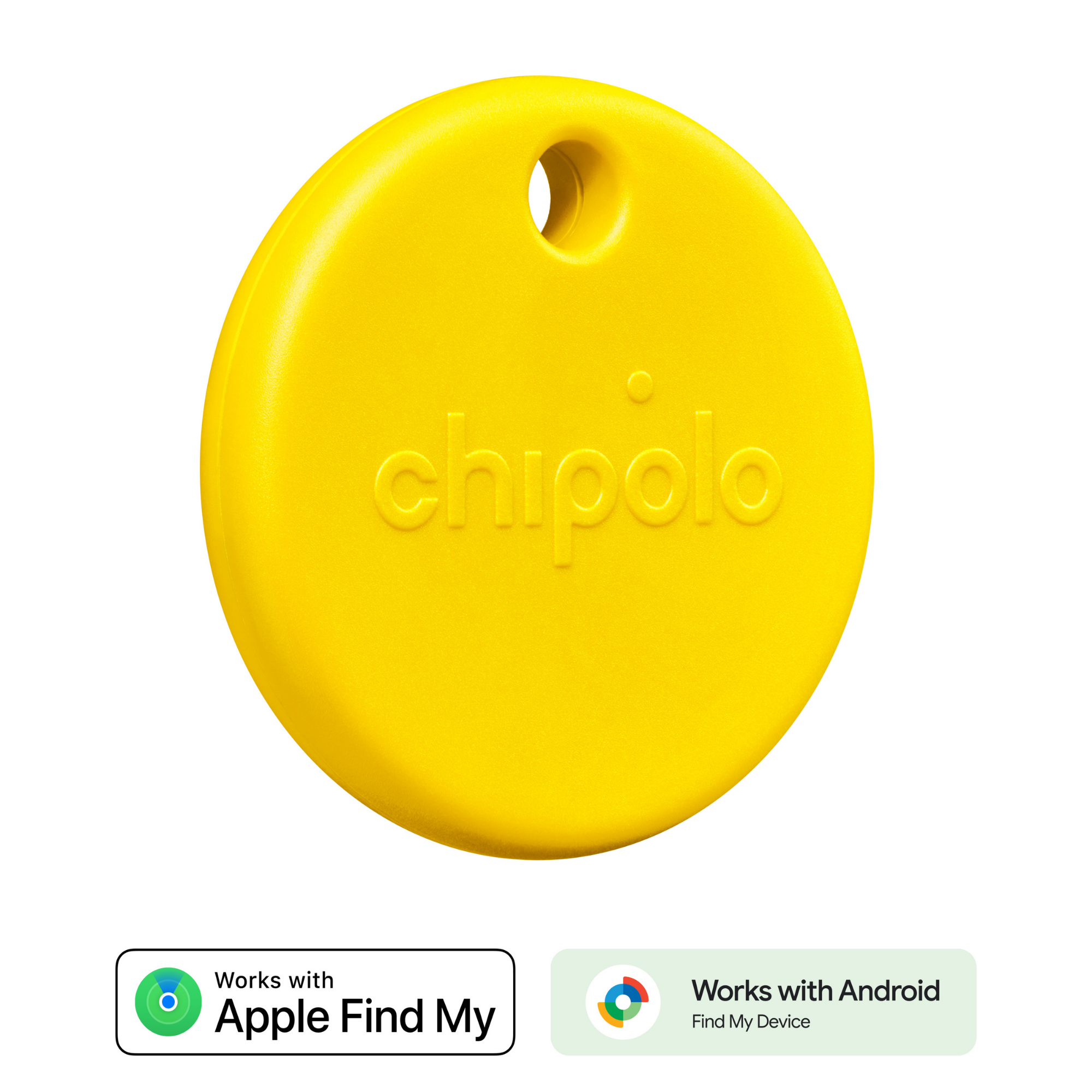 A yellow Chipolo tracker with embossed "chipolo" text and a hole. Left "Works with Apple Find My", right "Works with Android".