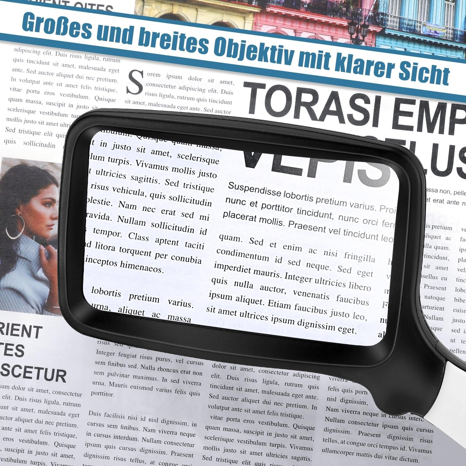 Lupe über Zeitungsartikel mit Überschriften und Text. Fokus auf Zeitung.