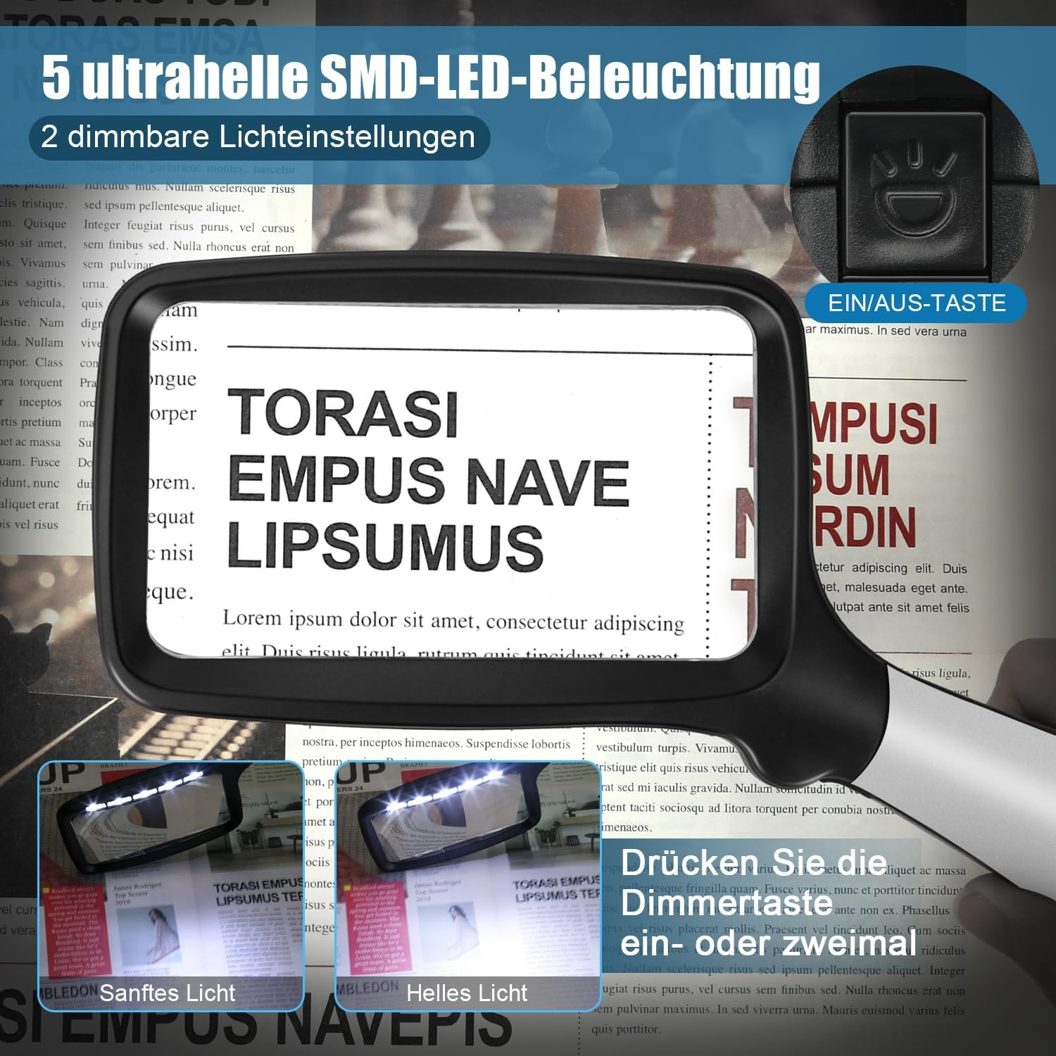 Lupe mit LED-Beleuchtung zeigt Text. Unten Links & Rechts 2 Ansichten.