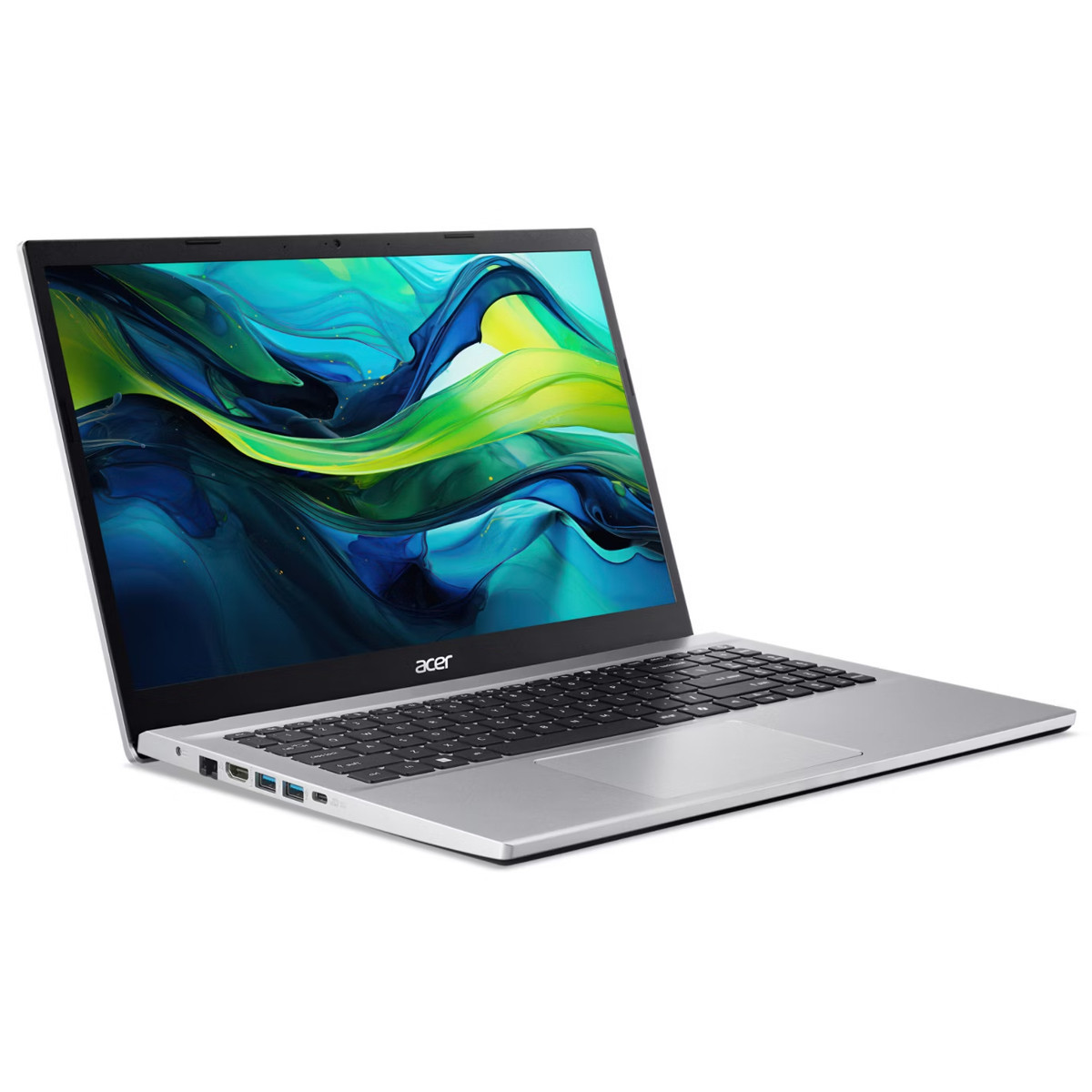 Laptop Acer argentato con sfondo astratto colorato sullo schermo.