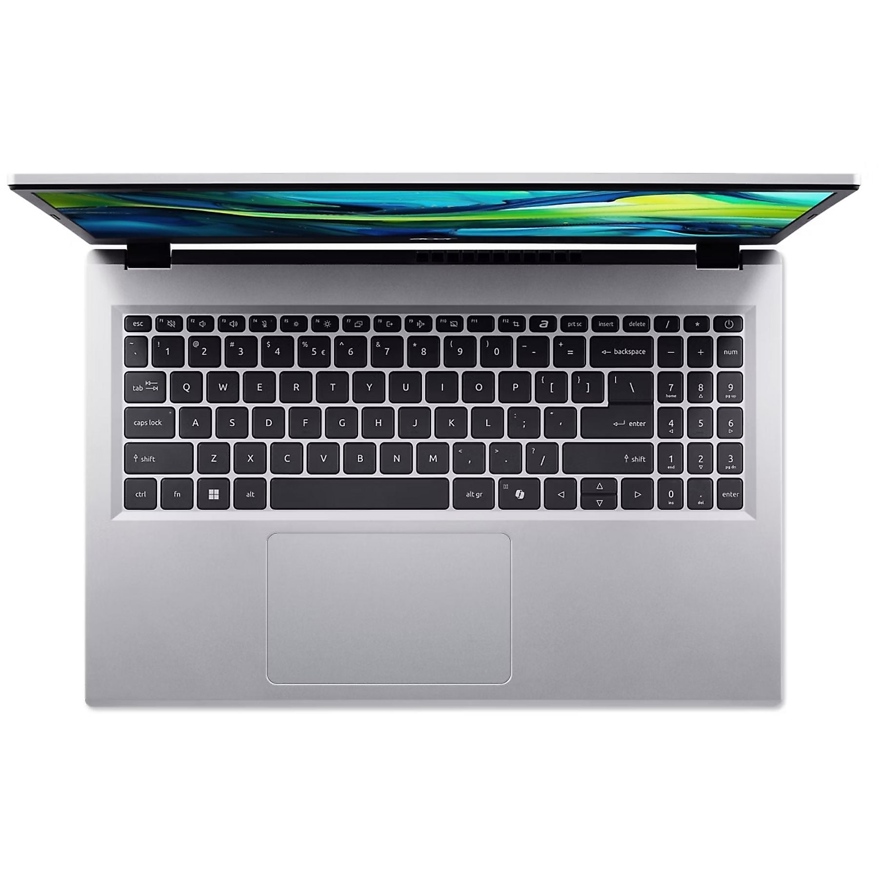 Un laptop argentato aperto, vista ravvicinata della tastiera e dello schermo con immagine colorata.