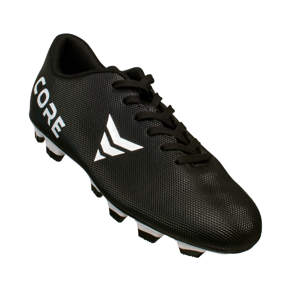 Schwarzer Fußballschuh mit Schnürsenkeln und weißem Logo.