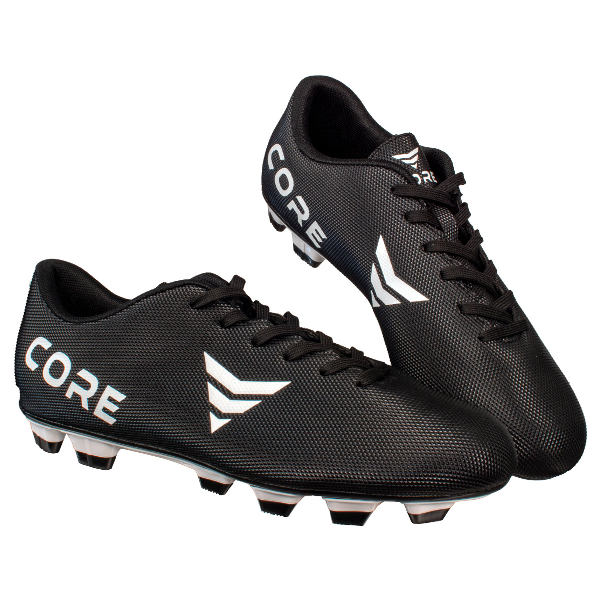 Schwarze Fußballschuhe mit weißer Aufschrift "CORE" und Streifen.