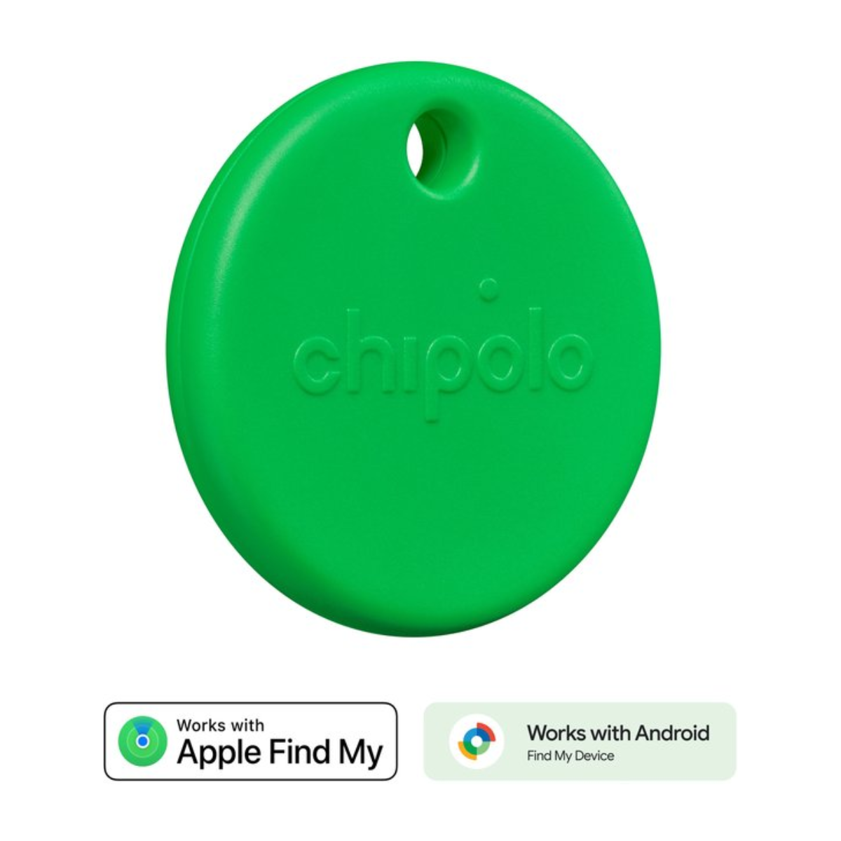 Green Chipolo tracker with hole, "chipolo" logo, Works with Apple Find My & Android.
