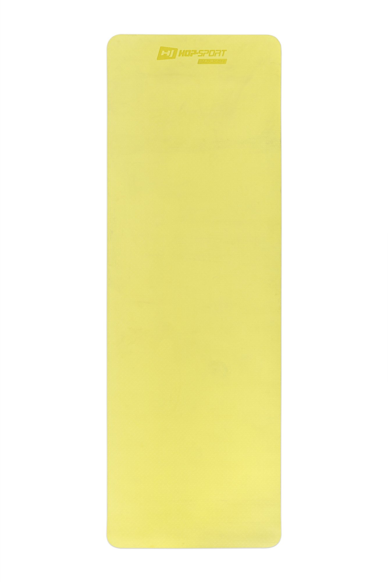 Eine gelbe Yogamatte mit dem Logo 'HOP-SPORT' und dem Schriftzug 'STAY FLEXIBLE'.