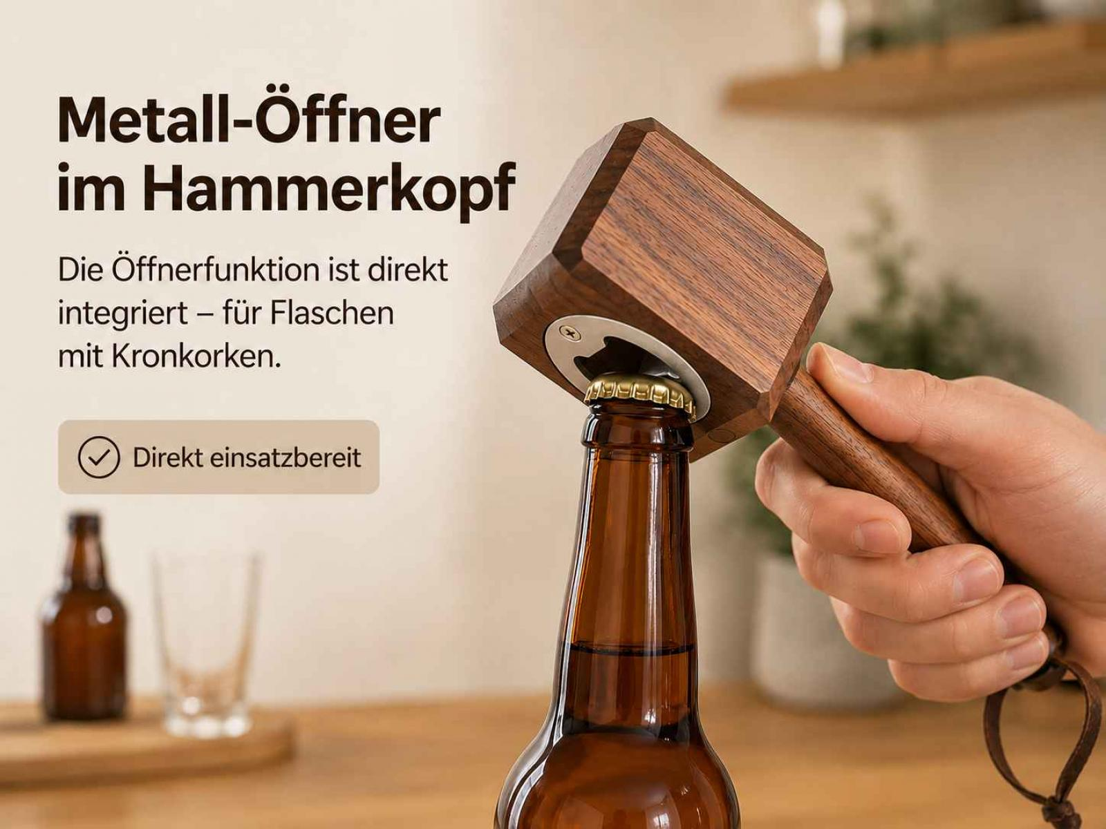 Ein Holzhämmer-Flaschenöffner öffnet eine braune Bierflasche.