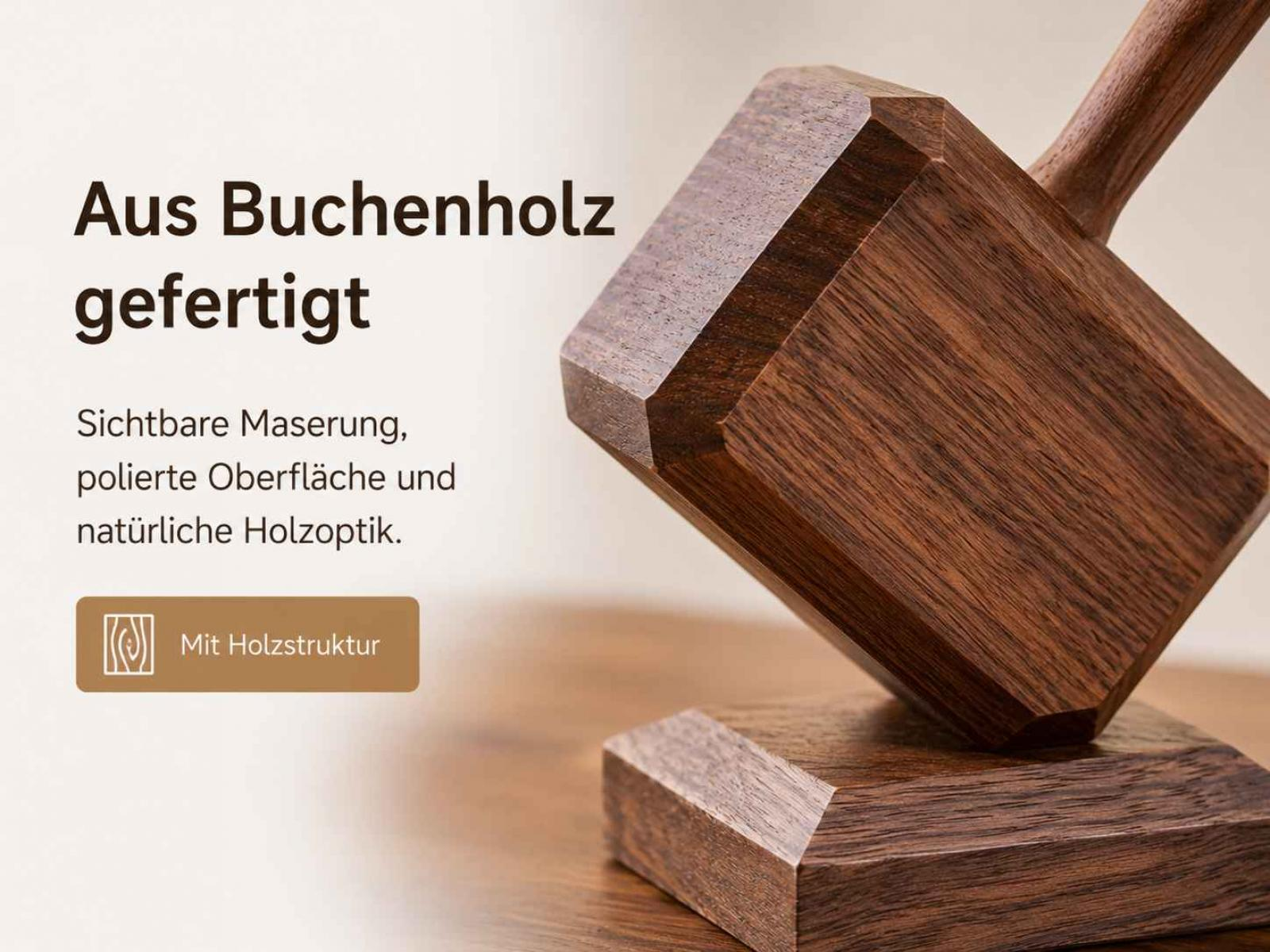 Ein hölzerner Hammer mit sichtbarer Maserung auf einem Holzsockel.