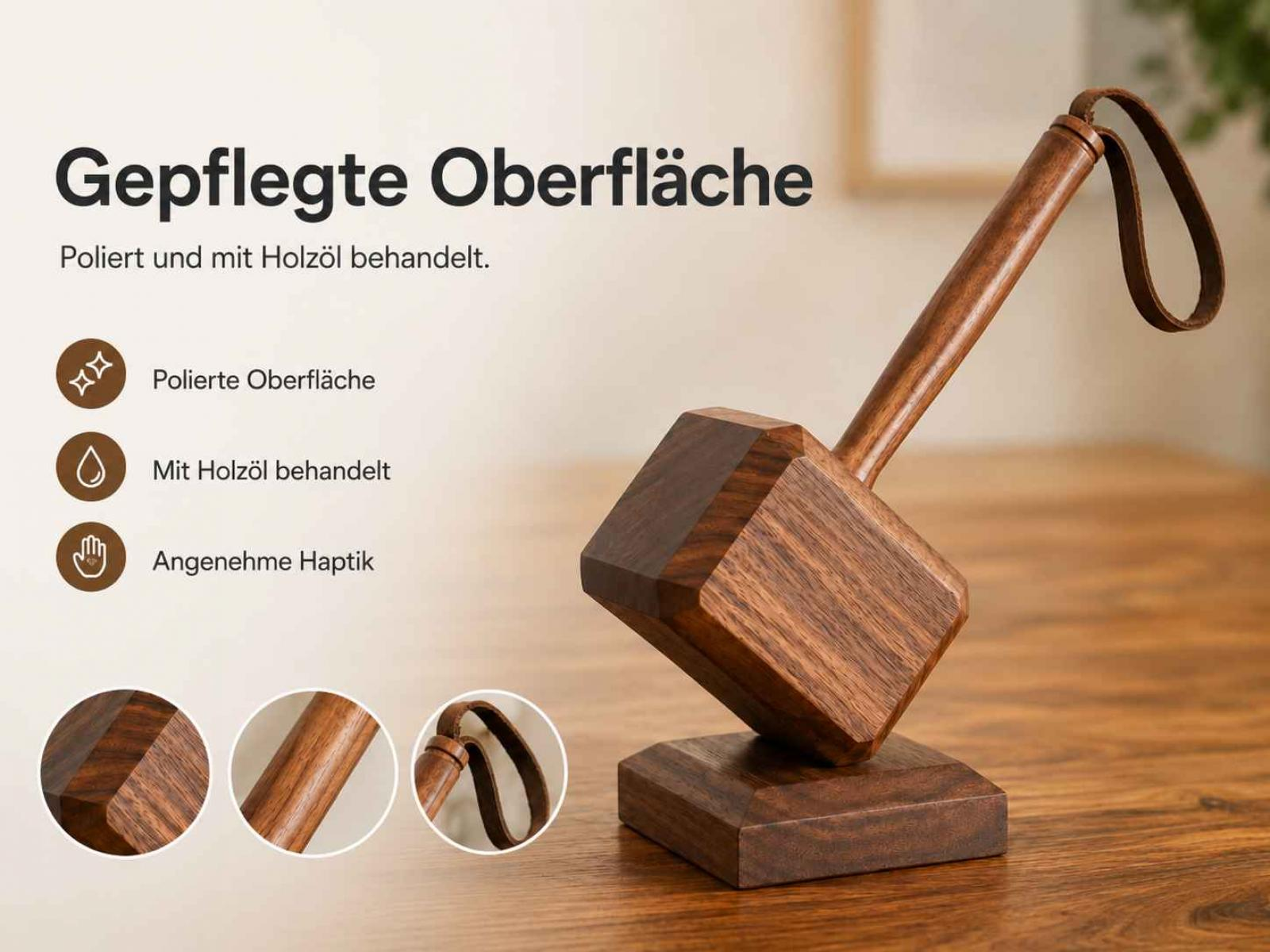 Ein hölzerner Hammer mit Lederriemen auf einem Holzsockel.