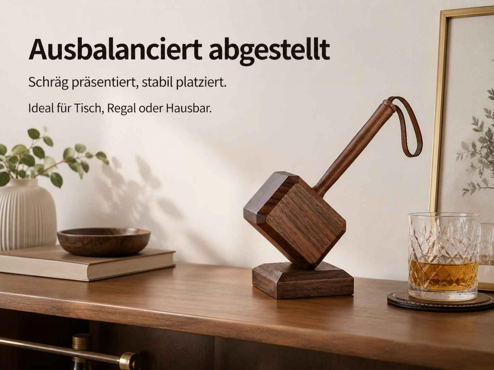 Holzhammer auf einem Sockel, daneben ein Glas Whisky.