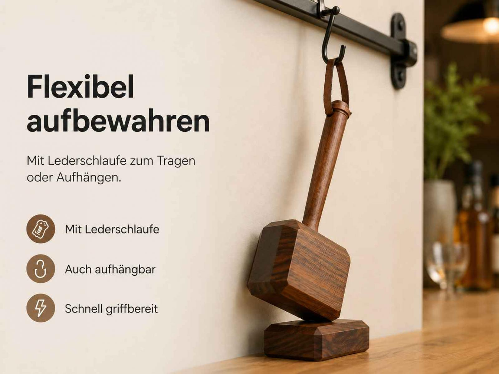 Holzhammer mit Lederschlaufe hängt an Haken, steht auf Holzsockel.