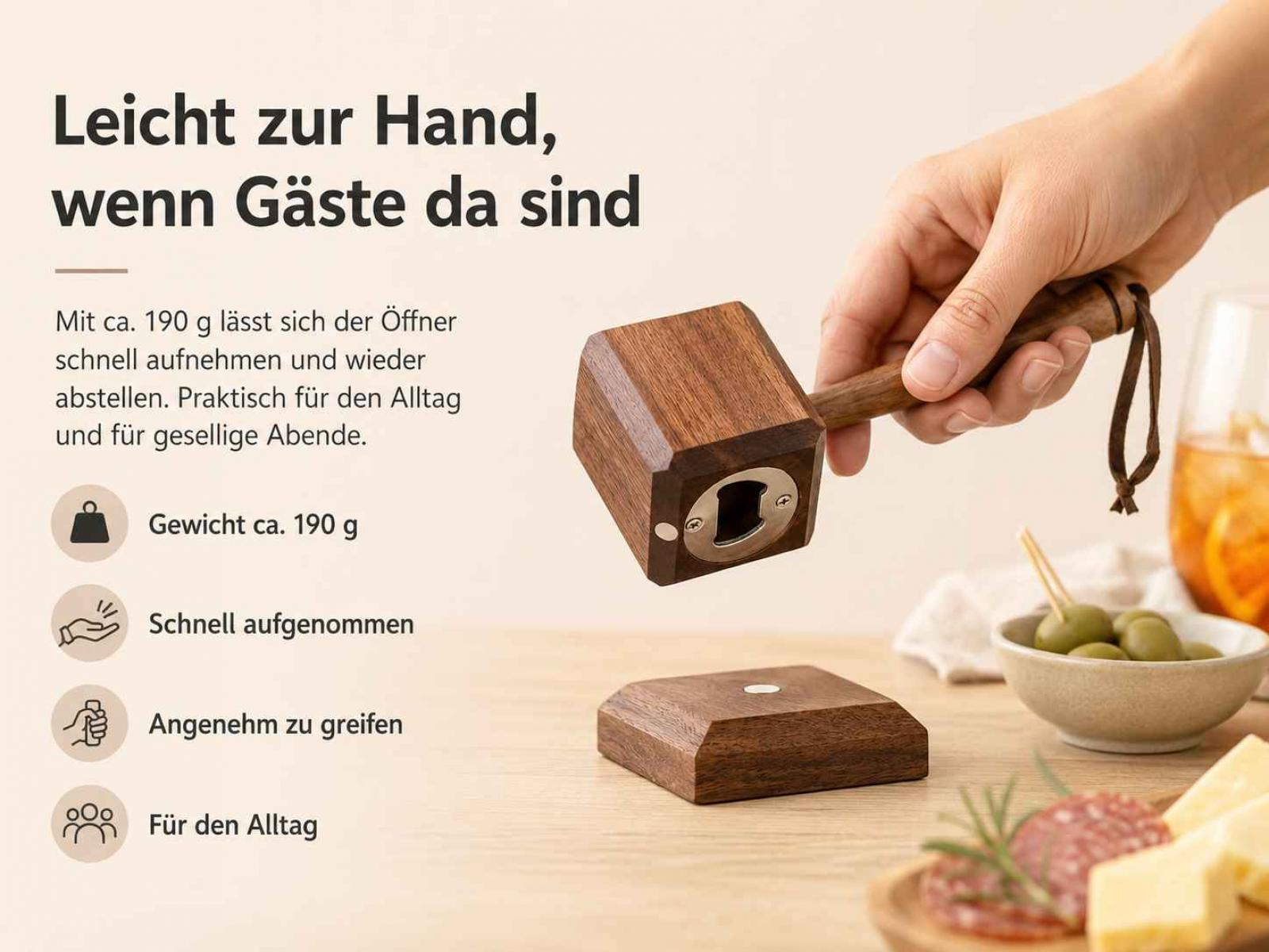 Ein hölzerner Flaschenöffner in einer Hand, daneben ein Glas und Snacks.