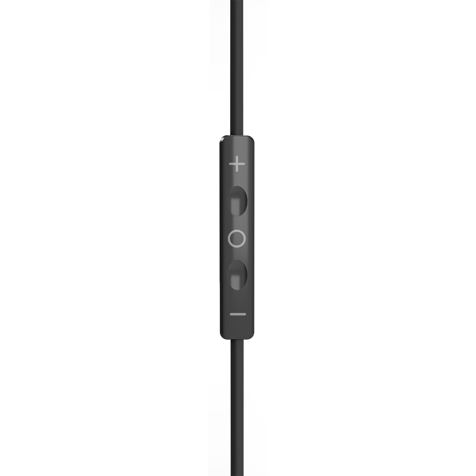 Cable negro con control remoto gris oscuro con símbolos de más, círculo y menos.