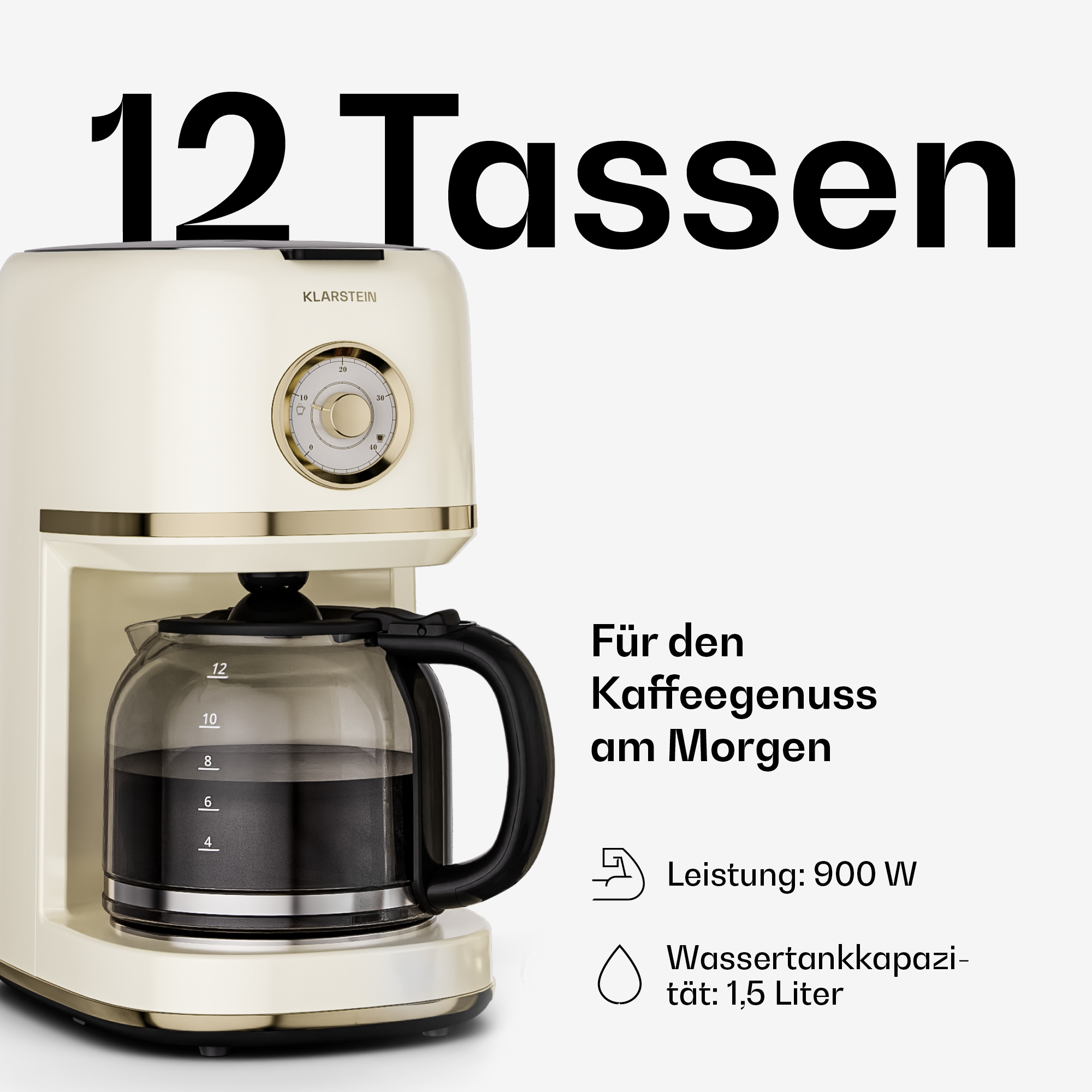 Una macchina da caffè color crema con serbatoio da 1,5L e 900W.