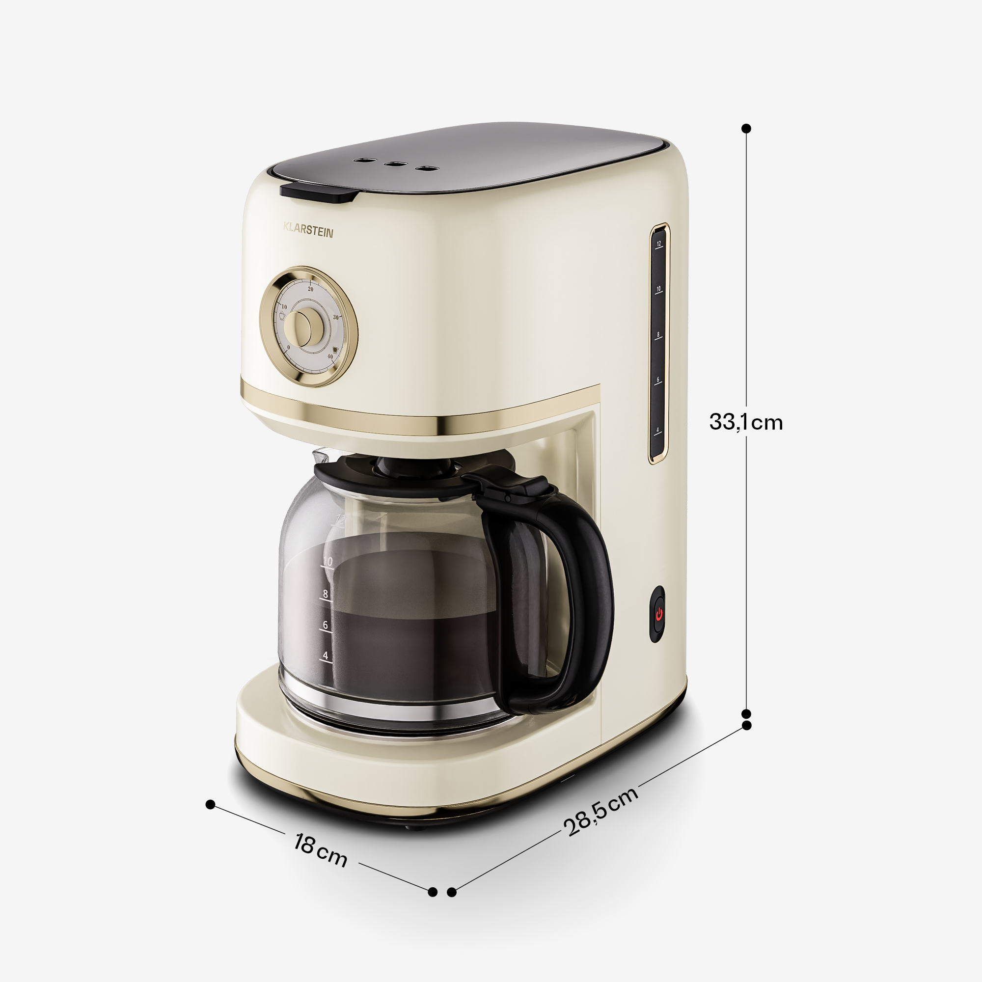 Macchina da caffè color crema con caraffa in vetro e quadrante timer.