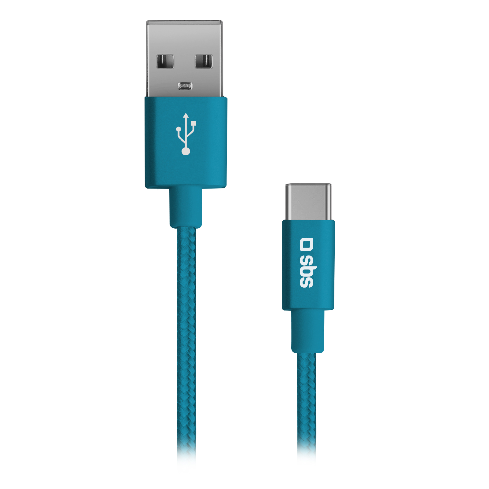 Un cable USB-A a USB-C azul con logo SBS.