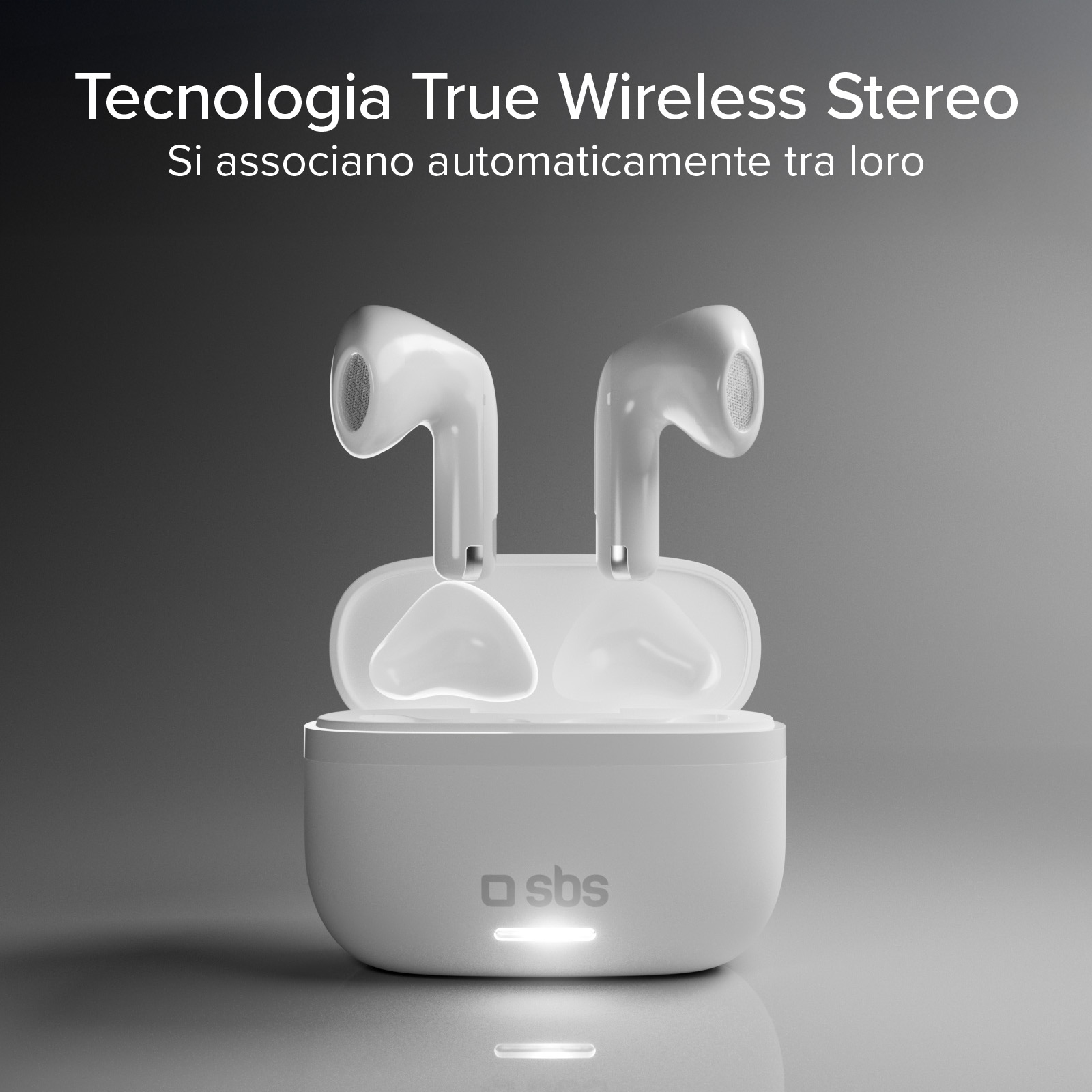 Auricolari bianchi True Wireless Stereo con custodia di ricarica, su sfondo grigio.