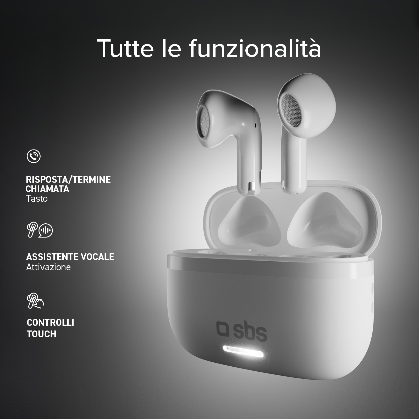 Auricolari bianchi in custodia di ricarica bianca con logo SBS e luci.