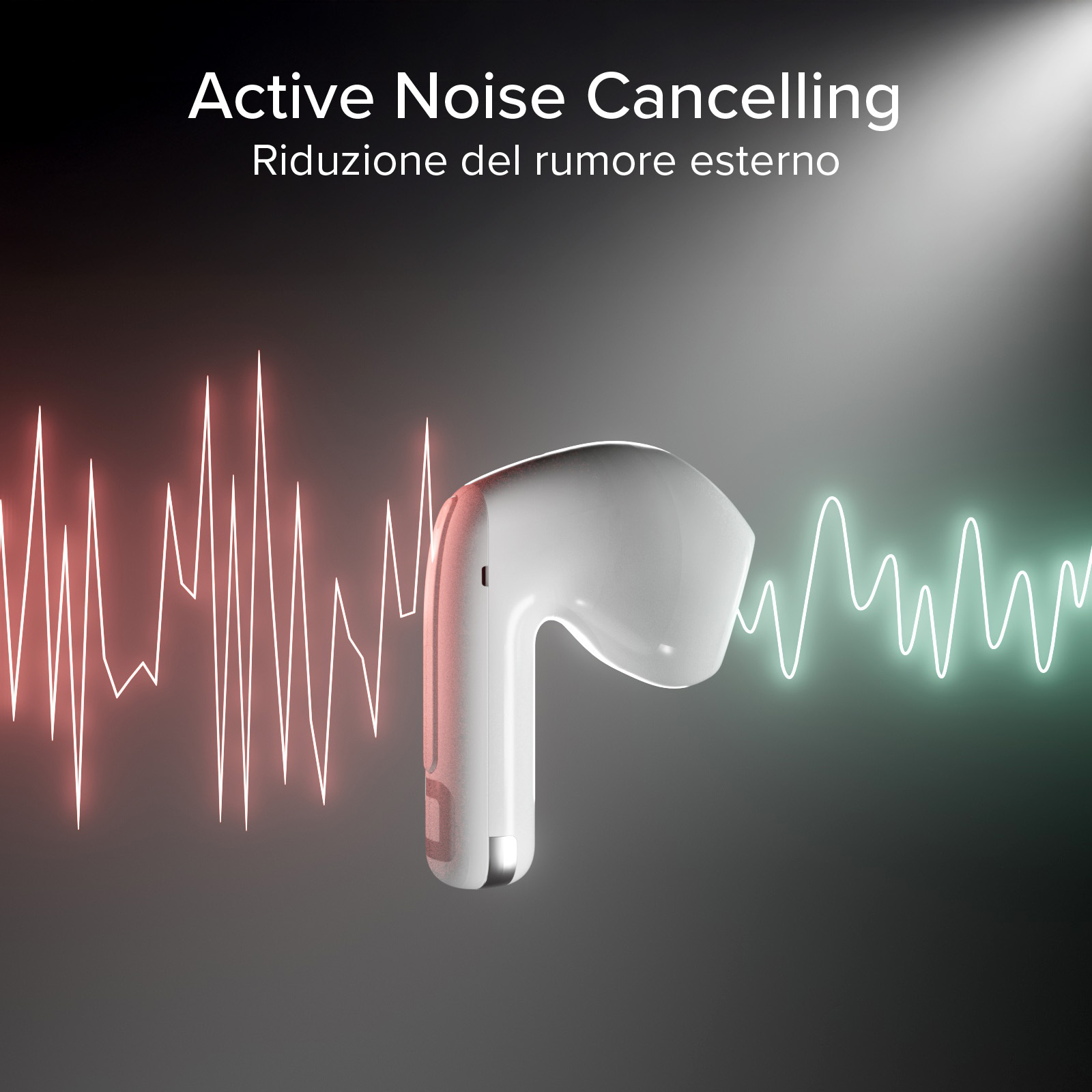 Un auricolare bianco con onde sonore rosse e verdi su sfondo scuro.