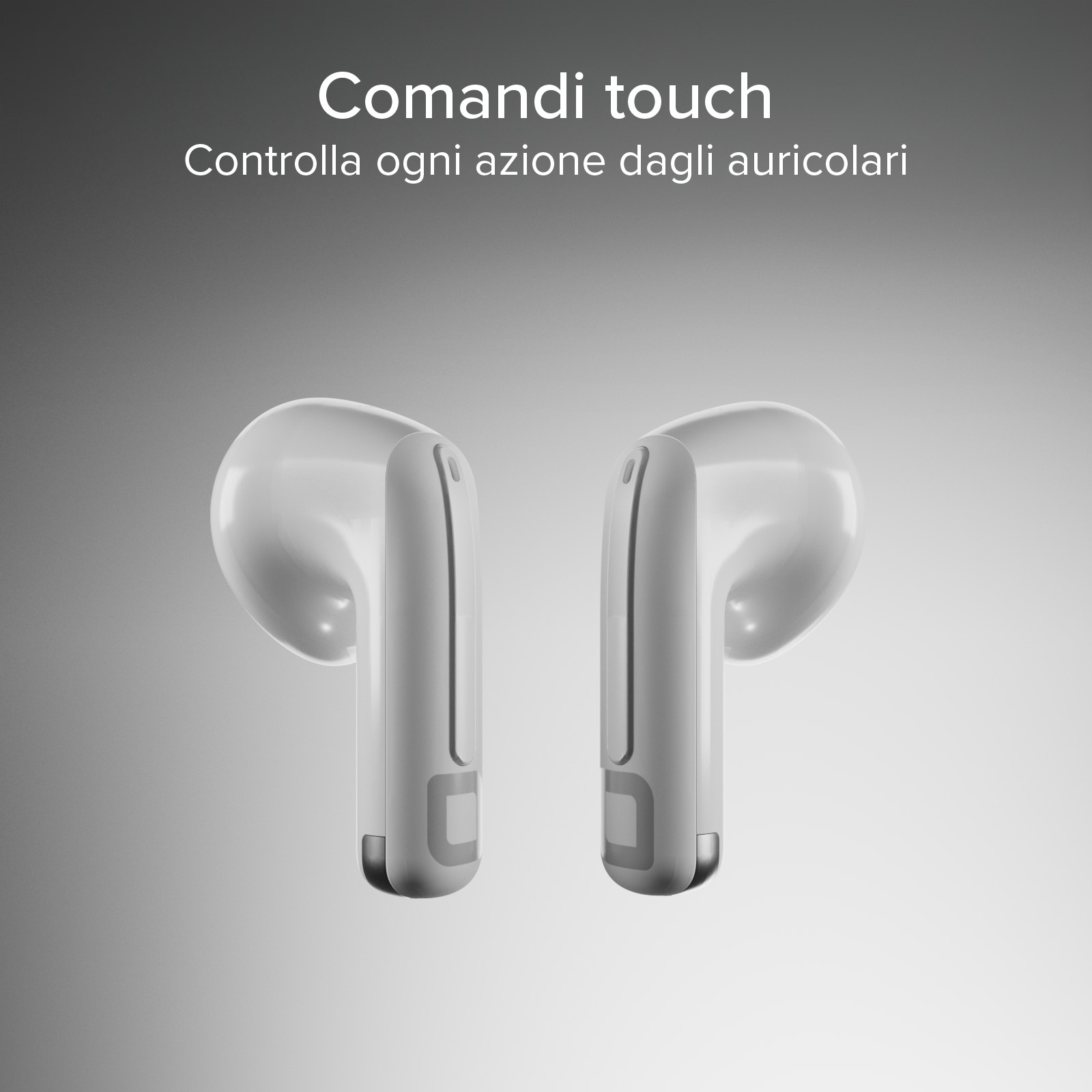 Due auricolari wireless bianchi con logo discreto su sfondo grigio.
