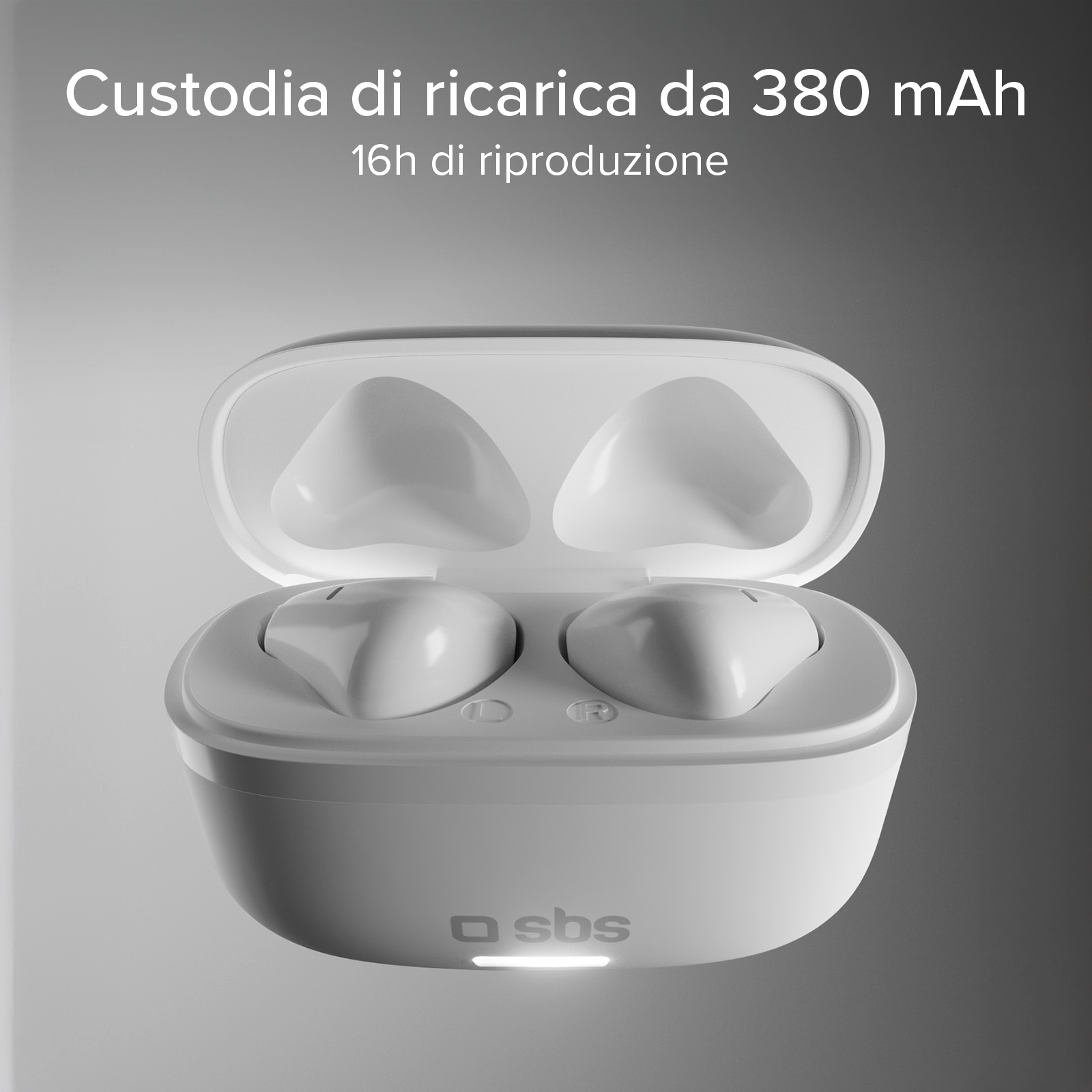 Una custodia di ricarica bianca per auricolari wireless con coperchio aperto, che rivela due auricolari.