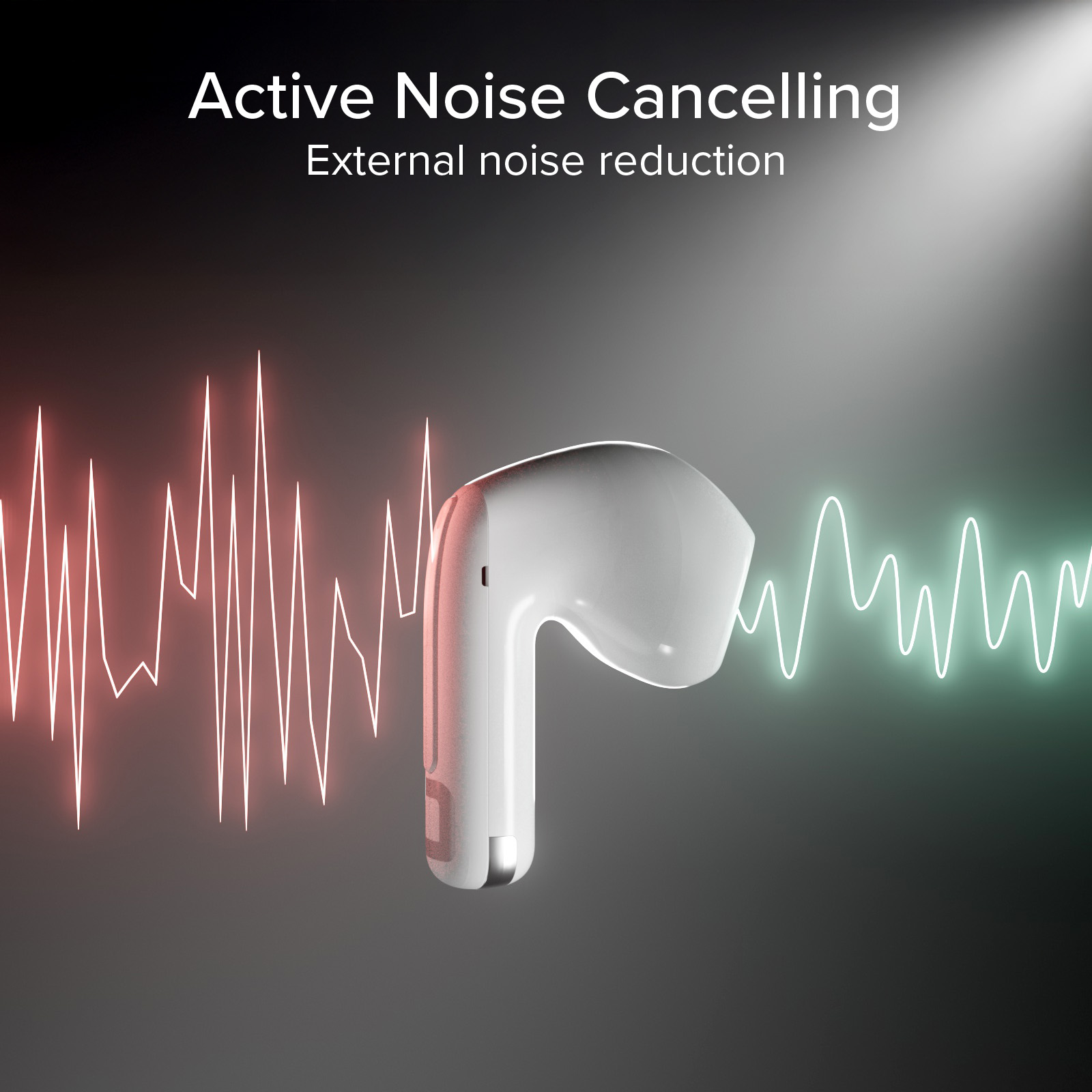 Un auricolare bianco con cancellazione attiva del rumore e linee d'onda.