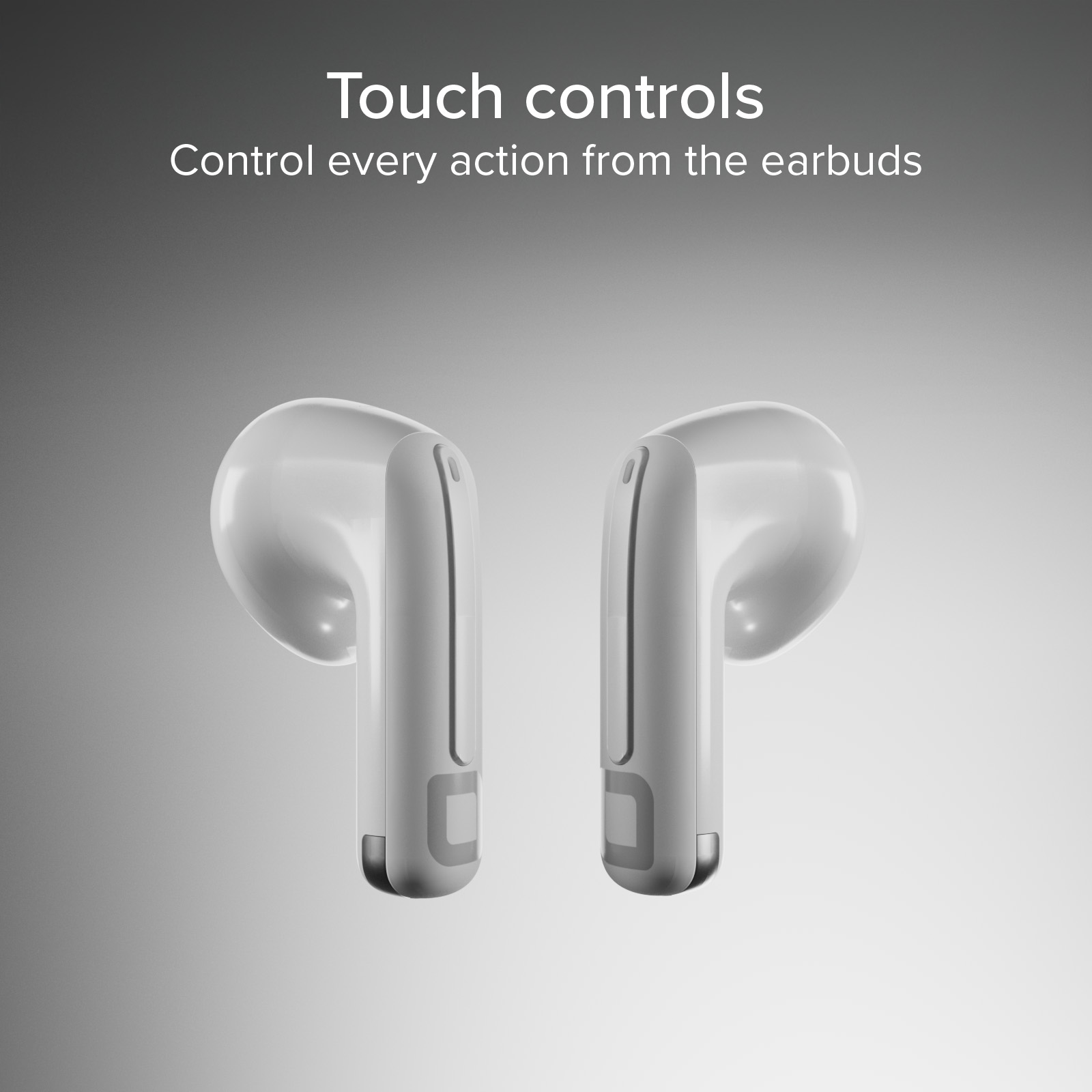 Due auricolari wireless bianchi con controlli touch, su sfondo sfumato grigio.